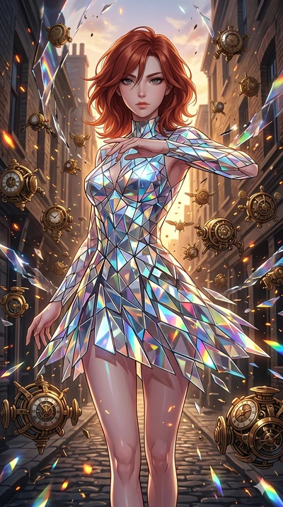 score_9, masterpiece, best quality, ultra-detailed, Set A: High-budget Anime Keyframe, Japanese woman. Upper body close-up from the thighs up, character filling the screen for maximum presence. Theme: Urban Decay. shattering the fabric of reality in 