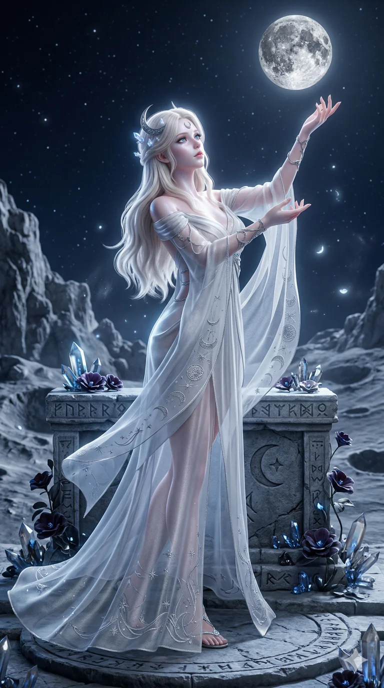 score_9, masterpiece, best quality, ultra-detailed, semi-realistic high-budget 3D game render, an incredibly beautiful ethereal Caucasian woman with flawless pale skin (strictly human ears). Dynamic full-body shot stretching vertically. She is a goddess of the silver moon at an ancient altar. She has an absolutely perfect 8-heads proportion, a towering female figure with long slender legs and a delicate skinny body. Her face is a masterpiece with platinum blonde hair and sapphire eyes. She is wearing an off-shoulder sheer fabric robe, highlighting her alluring silhouette. Soft moonlight and cratered landscape, dramatic rim lighting, radiant glowing skin, 2k, ultra detail, master piece, 9:16 ratio