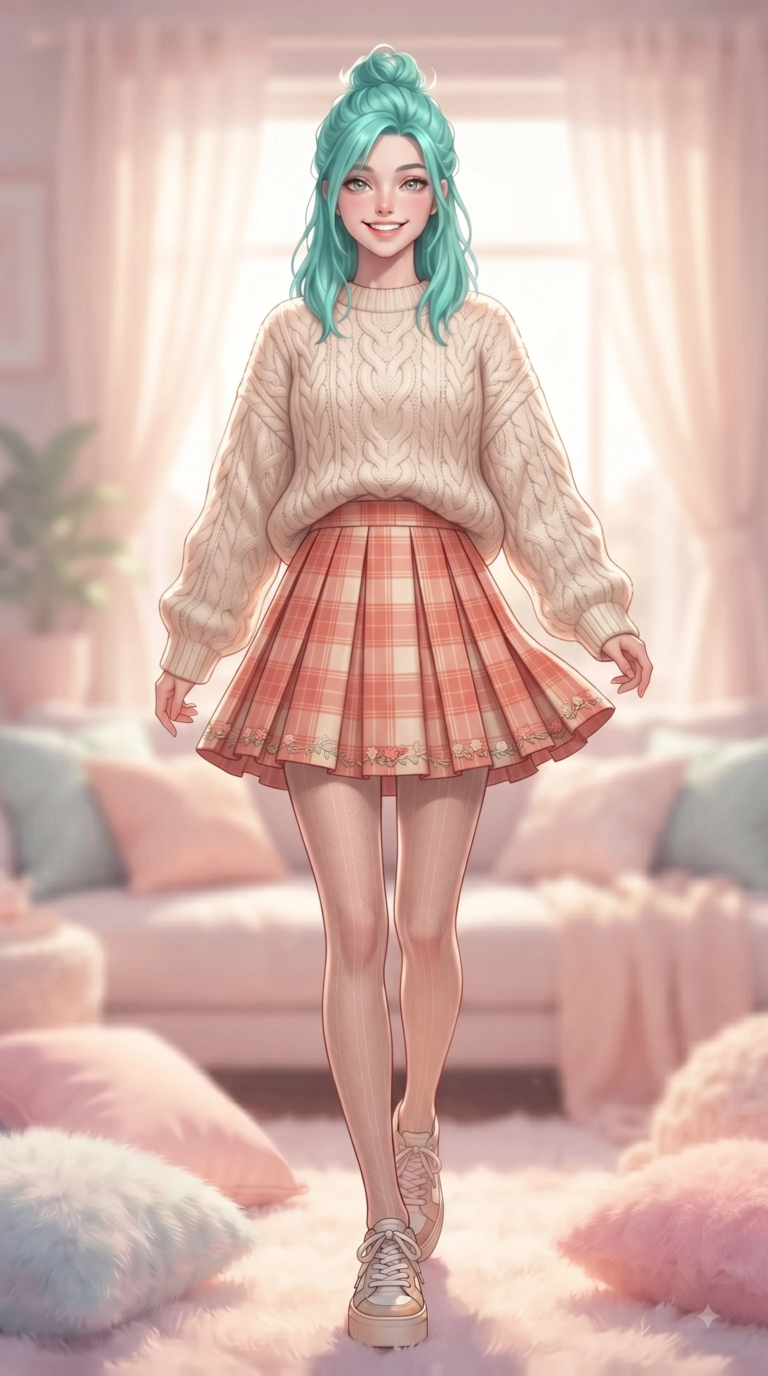 score_9, masterpiece, best quality, ultra-detailed, high-budget anime keyframe, editorial fashion photography, tasteful artistic composition, Japanese woman. low angle full-body shot from head to toe showing her feet, filling the entire 9:16 vertical frame with her statuesque presence, stretching her vertical silhouette. walking forward in a proud dynamic stride with a cheerful beaming smile, her vertical silhouette filling the frame while resting playfully on fluffy pastel cushions while looking directly at the camera with a radiant smile. The composition keeps background elements in soft focus with dreamy bokeh. cozy pastel living room decor and soft textile textures blurred smoothly behind her. She has an absolutely perfect, statuesque 8.5-heads proportion, an exceptionally tall and slender model-like female figure with impossibly long slender legs and an ultra-slim waist. sharp v-shaped jawline, high-bridge nose, intricate jewel-like eyes with depth, thick eyelashes, glossy lips with a natural sheen, flawlessly proportioned anatomical accuracy, natural body alignment, perfectly sculpted elegant limbs, clean dynamic posture without body distortion. wearing a cozy oversized cable-knit sweater paired with a chic pleated plaid mini skirt in warm coral pink and champagne ivory, made of comfortable premium stretch denim and soft jersey, complemented by delicate embroidered floral trim along the hem, the soft airy drape swaying gracefully with her dynamic movements. bathed in soft, warm morning sunlight streaming through sheer curtains. ultra-reflective glossy finish, specular highlights, metallic sheen, high-contrast stereoscopic depth, volumetric dynamic lighting, 2k, ultra detail, master piece, 9:16 ratio