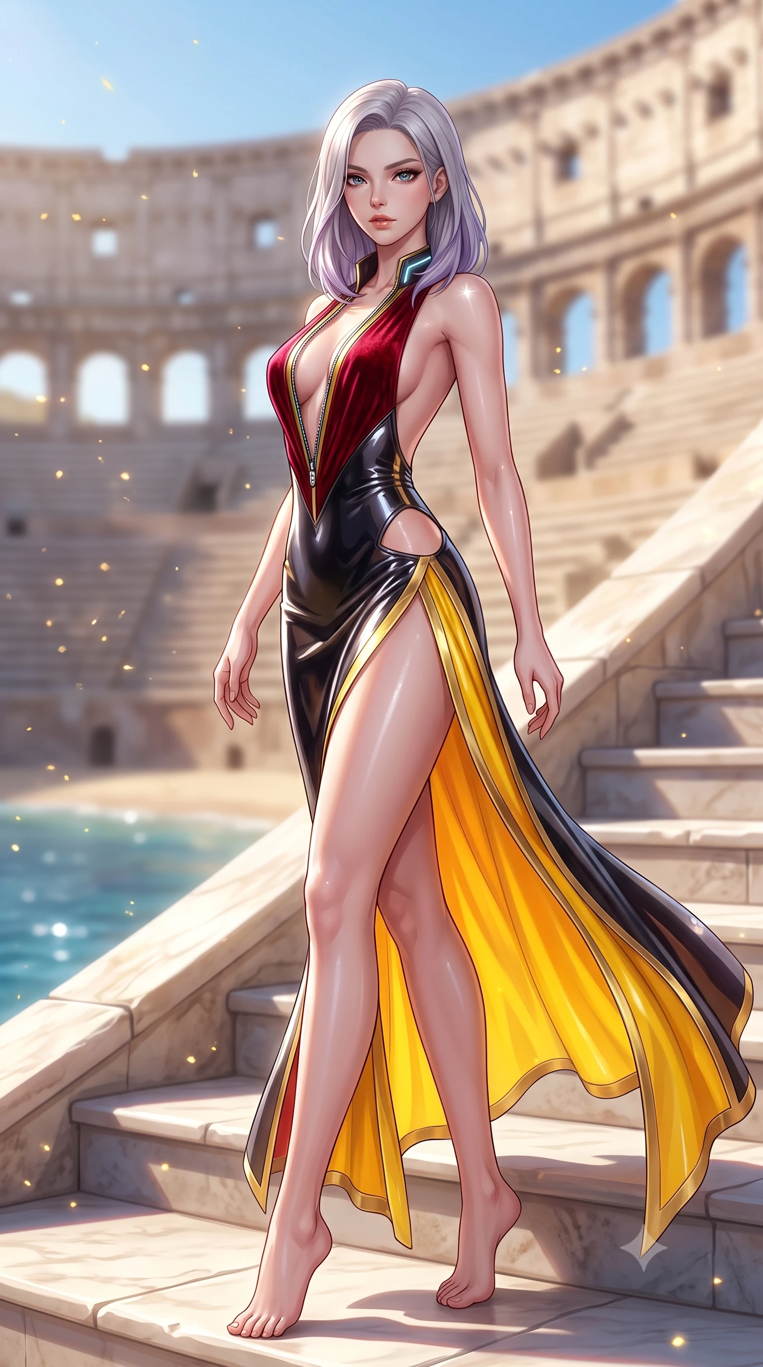 score_9, masterpiece, best quality, ultra-detailed, high-budget anime keyframe, semi-realistic 3D game render, editorial fashion photography, tasteful artistic composition, Caucasian woman. low angle full-body shot from head to toe showing her feet, filling the entire 9:16 vertical frame with her statuesque presence, stretching her vertical silhouette. arching her back in a fluid zero-gravity turn with sovereign grace, her long slender legs and sculpted torso creating a sweeping line while pivoting dynamically on the sun-bleached marble steps of a grand colosseum overlooking glistening Mediterranean seas. The composition keeps background elements in soft focus with creamy bokeh. sunlit colosseum tiers and floating golden dust motes softened in luminous shallow depth of field. She has an absolutely perfect, statuesque 8.5-heads proportion, an exceptionally tall and slender model-like female figure with impossibly long slender legs, a toned flat midriff, and an ultra-slim waist. sharp v-shaped jawline, high-bridge nose, intricate jewel-like eyes with depth, thick eyelashes, glossy lips with a natural sheen, flawlessly proportioned anatomical accuracy, strict slender model proportions, natural body alignment, perfectly sculpted long slender limbs, ultra-slim waistline, clean dynamic posture without body distortion. wearing a backless crimson crushed velvet gown with a deep plunging V-neckline, strategic hip cutouts, and an ultra-high thigh slit in vibrant sunburst canary yellow and gold trim, crafted from ultra-reflective second-skin latex with a high-gloss glass-like polish, featuring a dangerously unzipped neckline framed by glowing cybernetic accents, the liquid-tight tailored fabric emphasizing every curve of her tall, slender model proportions and sculptured silhouette during dynamic movement. illuminated by clear sky fill light and sparkling specular highlights tracing her slender curves. highly saturated vibrant anime colors, detailed shading with soft gradients, rich glossy textures, high-contrast stereoscopic depth, volumetric dynamic lighting, master piece, 9:16 ratio