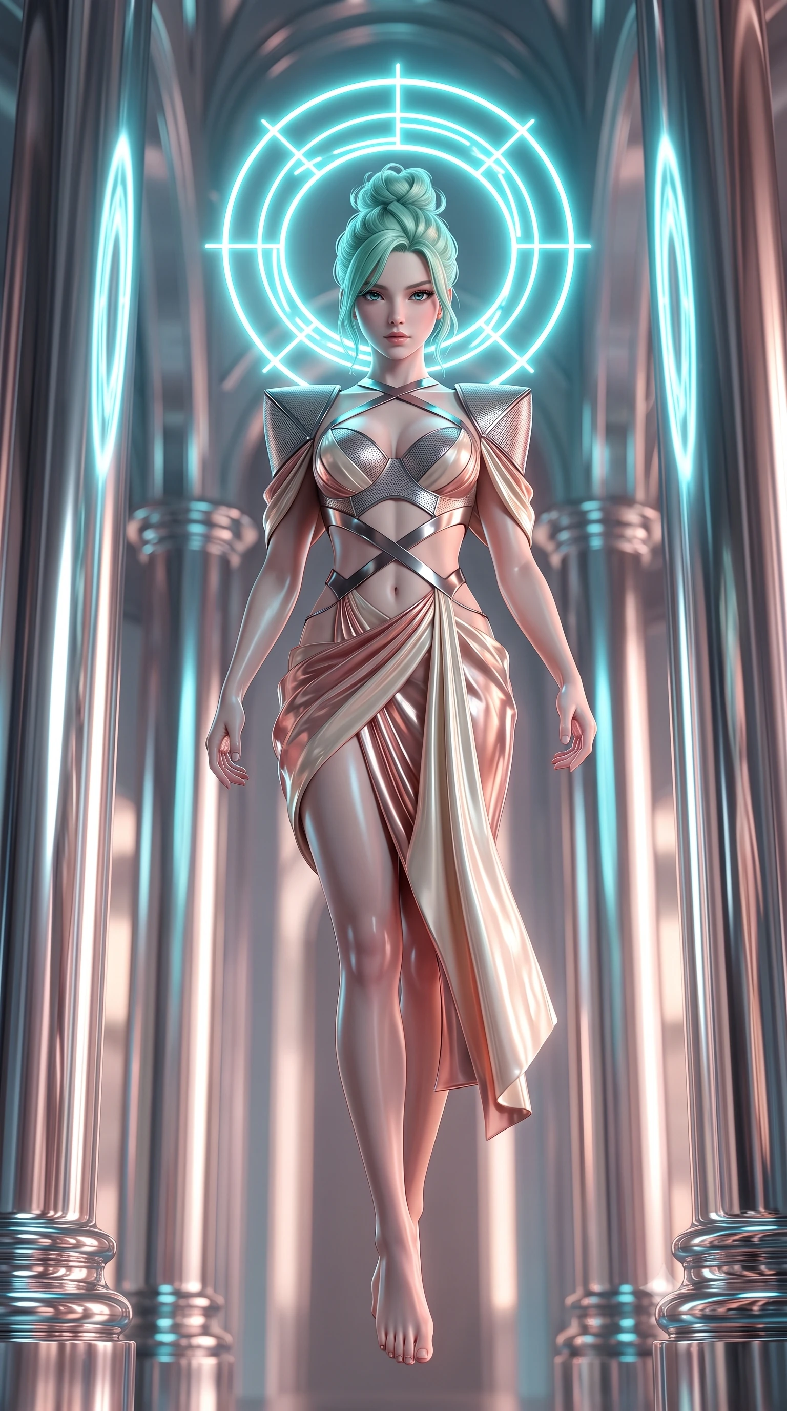 score_9, masterpiece, best quality, ultra-detailed, high-budget anime keyframe, editorial fashion photography, tasteful artistic composition, Japanese woman. low angle full-body shot from head to toe showing her feet, filling the entire 9:16 vertical frame with her statuesque presence, stretching her vertical silhouette. performing an alluring mid-air vault with flawless poise, looking directly into the camera with regal, divine intensity while striding commanding between colossal polished chrome pillars in a futuristic cyber-cathedral as a floating neon halo rotates behind her head. The composition keeps background elements in soft focus with creamy bokeh. soaring polished chrome arches and rotating neon halo rings blurred into luminous cyan and platinum bokeh. She has an absolutely perfect, statuesque 8.5-heads proportion, an exceptionally tall and slender model-like female figure with impossibly long slender legs, a toned flat midriff, and an ultra-slim waist. sharp v-shaped jawline, high-bridge nose, intricate jewel-like eyes with depth, thick eyelashes, glossy lips with a natural sheen, flawlessly proportioned anatomical accuracy, strict slender model proportions, natural body alignment, perfectly sculpted long slender limbs, ultra-slim waistline, clean dynamic posture without body distortion. wearing a structured titanium-mesh bustier with geometric shoulder pauldrons and an ultra-slender liquid jersey drape in sculpted rose gold and luminescent champagne ivory, formed from high-gloss patent material with specular chiaroscuro reflections, complemented by criss-cross back straps highlighting her completely bare spine, the precision-cut daring openings accentuating her delicate midriff, graceful bare collarbones, and ultra-slim feminine waistline. bathed in brilliant neon cyan halo backlighting and polished chrome surface reflections. ultra-reflective glossy finish, specular highlights, dark metallic sheen, high-contrast stereoscopic depth, volumetric dynamic lighting, 2k, ultra detail, master piece, 9:16 ratio