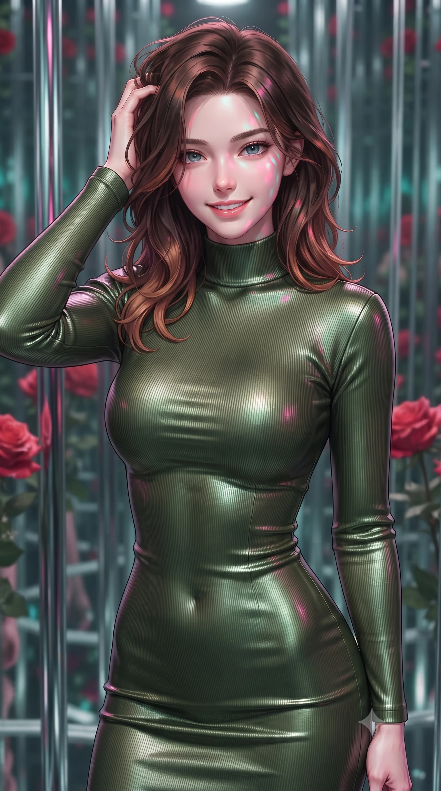 score_9, masterpiece, best quality, ultra-detailed, high-budget anime keyframe, editorial fashion photography, tasteful artistic composition, Korean woman. close-up cowboy shot from the waist and thighs up, the character dominates the composition, filling the frame with her large presence, background elements kept in soft focus. slowly running a hand through her hair, smiling with quiet, magnetic self-assurance directly into the camera, the background shows a soft-focus a vertical mirror maze with endless reflective chrome columns and red roses. She has an exceptionally elegant, slender, and willowy female figure with an ultra-slim waist, a gracefully sculpted slender torso, and a refined silhouette. sharp v-shaped jawline, high-bridge nose, intricate jewel-like eyes with depth, thick eyelashes, glossy lips with a natural sheen. wearing a tailored body-hugging ribbed carbon-fiber knit bodycon midi dress in olive green, featuring a snug mock-neck. shifting pink and turquoise light patterns casting dynamic highlights. ultra-reflective glossy finish, specular highlights, metallic sheen, high-contrast stereoscopic depth, volumetric dynamic lighting, 2k, ultra detail, master piece, 9:16 ratio