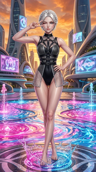 score_9, masterpiece, best quality, ultra-detailed, Set A: Photorealistic 8k CG, Japanese woman. Upper body close-up from the thighs up, character filling the screen for maximum presence. Standing in a fountain of colorful liquid in a futuristic plaz
