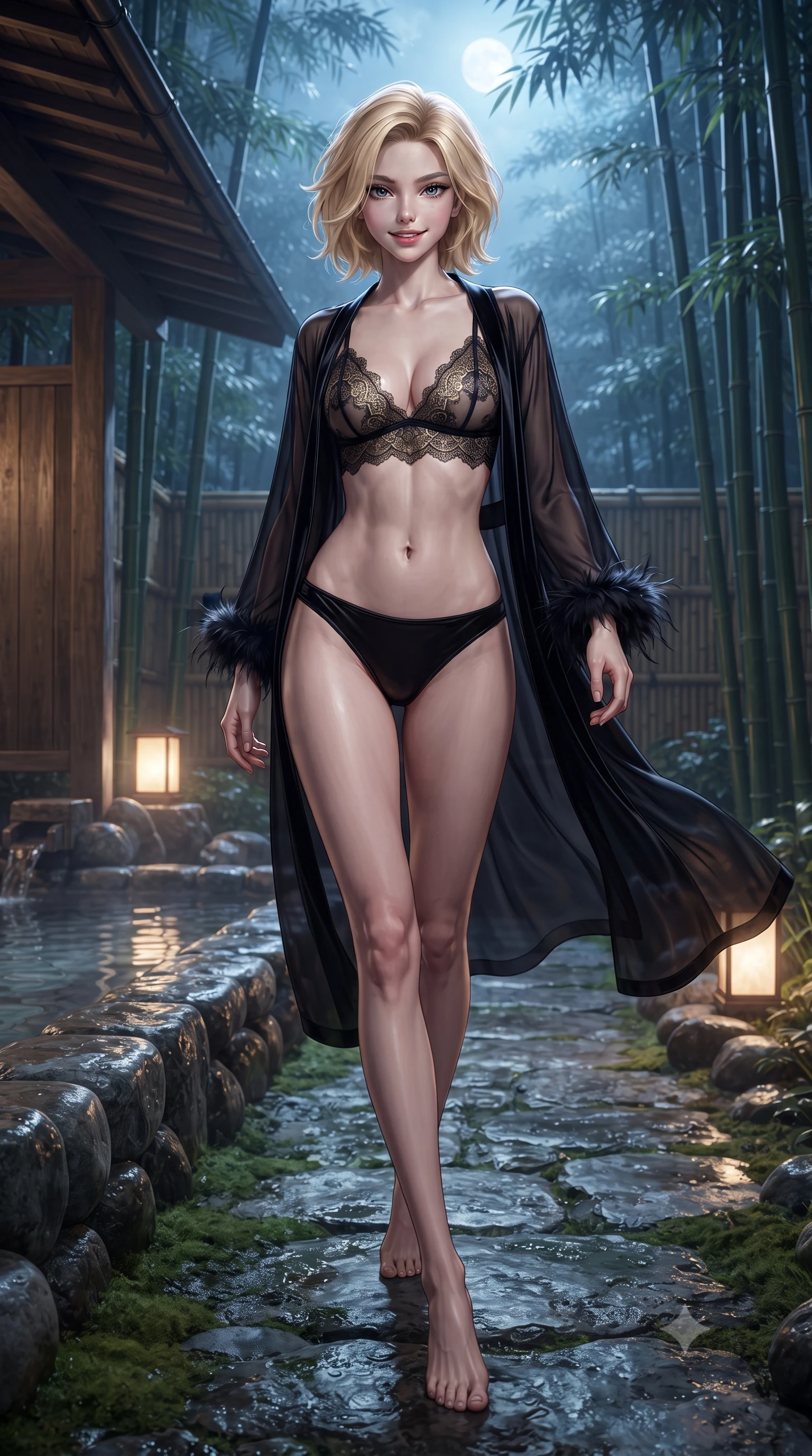 score_9, masterpiece, best quality, ultra-detailed, high-budget anime keyframe, editorial fashion photography, tasteful artistic composition, Caucasian woman. low angle full-body shot from head to toe showing her feet, filling the entire 9:16 vertical frame with her statuesque presence, stretching her vertical silhouette. stepping forward in a confident stride, her long slender legs and curvaceous hips creating a dynamic, sweeping vertical line while twisting her slender torso in an alluring contrapposto stance beside the mossy stone basin, evening breeze fluttering her sheer robe around her narrow waist and curvy hips. The surrounding environment is rendered in vivid detail and crisp panoramic clarity: sharp wet cypress wood grain, polished river stone tub surrounds, and bamboo grove textures in deep focus. She has an exceptionally tall and slender model-like 8.5-heads proportion, an ultra-slim waist, a flat toned midriff, narrow delicate ribcage, and beautifully sculpted feminine hips creating a graceful, slim hourglass silhouette without any bulky heaviness, with impossibly long slender legs. sharp v-shaped jawline, high-bridge nose, intricate jewel-like sparkling eyes with depth, thick eyelashes, glossy parted lips with a natural peach sheen, bright cheerful beaming smile with an enchanting and coquettish sensual glint, exuding both youthful cute charm and seductive allure, flawlessly proportioned anatomical accuracy, strict slender model proportions, natural body alignment, perfectly sculpted long slender limbs, ultra-slim waistline, clean dynamic posture without body distortion. wearing a delicate translucent cashmere-blend boudoir robe with feather-trimmed cuffs slipping off bare shoulders over a sheer lace bralette in midnight noir obsidian black and pure champagne gold, tailored from ultra-plush silk velvet with rich tactile depth and deep shadow gradients, finished with scalloped eyelash lace trim framing her sweetheart neckline with intimate elegance, the second-skin tailored fabric adhering flawlessly to her sculpted flat midriff and slender torso, emphasizing her long leg lines and perfectly proportioned willowy build. bathed in the ethereal cool 4500K silver moonlight filtering through tall bamboo culms mixed with warm 2400K paper lantern glows. ultra-reflective glossy finish, specular highlights, rich textural contrasts, high-contrast stereoscopic depth, volumetric dynamic lighting, 2k, ultra detail, master piece, 9:16 ratio