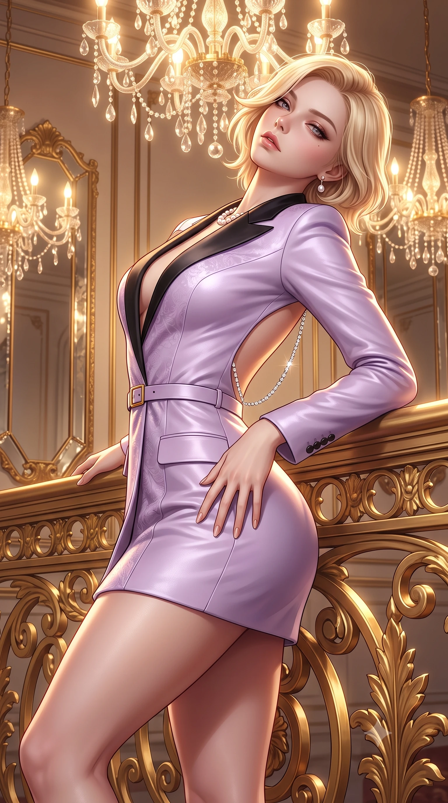 score_9, masterpiece, best quality, ultra-detailed, high-budget anime keyframe, semi-realistic 3D game render, editorial fashion photography, tasteful artistic composition, Caucasian woman. close-up cowboy shot from the waist and thighs up, the character dominates the composition, filling the frame with her large presence. arching her spine backward with effortless dancer poise, one hand sliding along her hip line as directional light carves specular highlights along her silhouette while leaning back against an ornate gold-leaf balustrade under crystal chandeliers, head tilted back with bedroom-eyes locking onto the viewer. The surrounding environment is rendered in vivid detail and crisp panoramic clarity. detailed silk brocade patterns, antique mirror bevels, and pearl jewelry luster in high resolution. She has an exceptionally elegant, slender, and willowy female figure with an ultra-slim waist, a gracefully sculpted slender torso, toned flat midriff, and rounded feminine hips creating an alluring hourglass silhouette. sharp v-shaped jawline, high-bridge nose, intricate jewel-like eyes with depth, thick eyelashes, glossy parted lips with a natural sheen, intensely captivating and seductive bedroom-eyes expression, flawlessly proportioned anatomical accuracy, strict slender model proportions, natural body alignment, perfectly sculpted long slender limbs, ultra-slim waistline, clean dynamic posture without body distortion. wearing a tailored pastel tuxedo jacket dress with silk satin lapels and a slim gold-buckle belt in high-contrast black velvet and gold filigree, crafted from second-skin supple lambskin leather with specular sheen, accented with a glittering diamond back chain tracing her bare spine down to her hips, the form-contouring material adhering flawlessly to her sculpted flat midriff and slender torso, emphasizing her long leg lines and perfectly proportioned willowy build. bathed in radiant golden chandelier illumination and multi-directional mirror reflections. highly saturated vibrant anime colors, detailed shading with soft gradients, rich glossy textures, high-contrast stereoscopic depth, volumetric dynamic lighting, master piece, 9:16 ratio