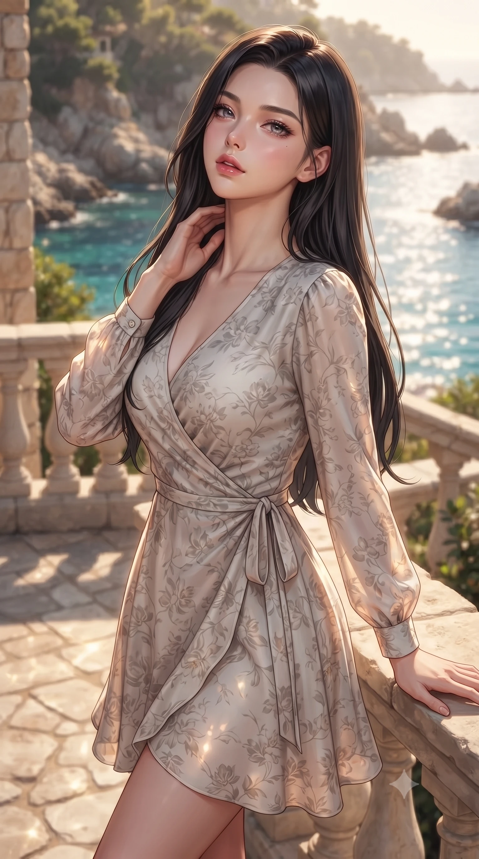score_9, masterpiece, best quality, ultra-detailed, high-budget anime keyframe, editorial fashion photography, tasteful artistic composition, Korean woman woman. close-up cowboy shot from the waist and thighs up, the character dominates the composition, filling the frame with her large presence, background elements kept in soft focus. tilting her chin up slightly with lips parted in a composed, provocative expression the background shows a soft-focus a stone terrace of a coastal villa overlooking a rocky bay with turquoise water. She has an exceptionally elegant, slender, and willowy female figure with an ultra-slim waist, a gracefully sculpted slender torso, and a refined silhouette. sharp v-shaped jawline, high-bridge nose, intricate jewel-like eyes with depth, thick eyelashes, glossy lips with a natural sheen. wearing a form-contouring flowy floral-patterned wrap dress with long sleeves and a modest V-neck. warm afternoon sunbeams reflecting off the ocean surface onto the terrace. ultra-reflective glossy finish, specular highlights, metallic sheen, high-contrast stereoscopic depth, volumetric dynamic lighting, 2k, ultra detail, master piece, 9:16 ratio