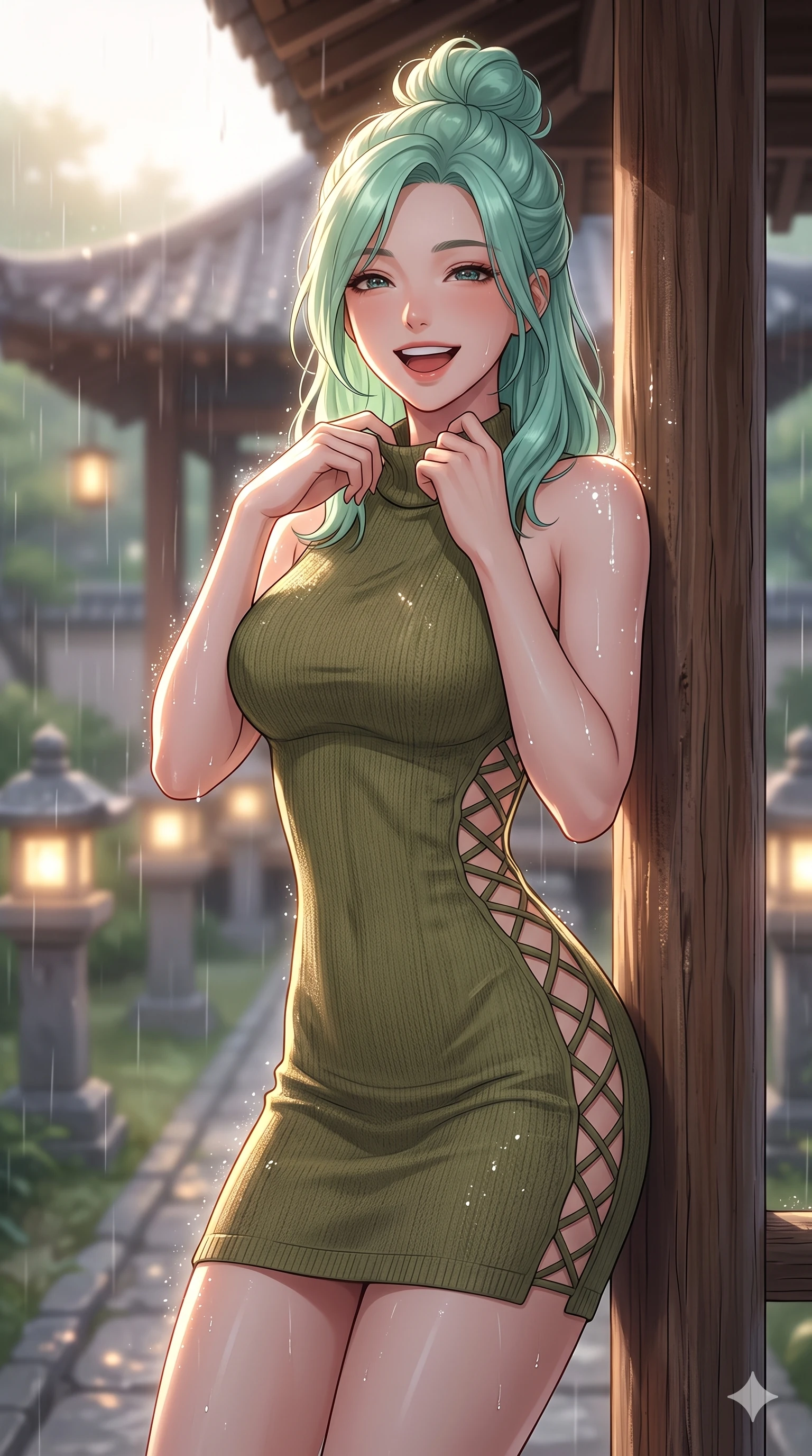 score_9, masterpiece, best quality, ultra-detailed, high-budget anime keyframe, vibrant anime aesthetic, Japanese woman. close-up cowboy shot from the waist and thighs up, the character dominates the composition, filling the frame with her large presence, background elements kept in soft focus. She is laughing cheerfully while adjusting her collar in the soft drizzle, with a warm and inviting look leaning against a rustic wooden column. the background shows a soft-focus quiet garden pavilion pathway lined with glowing stone lanterns in a soft rain (Code-P22-119). She has an absolutely perfect proportion, an exceptionally elegant and slender female figure with an ultra-slim waist. V-shaped jawline, high-bridge nose, intricate jewel-like eyes with depth, thick eyelashes, glossy lips with a natural sheen. wearing a bodycon knit dress with an elegant side panel cut-out in olive green. She is lit by sparkling rain droplets reflecting the morning sun, creating a glowing halo, tracing the elegant lines of her shoulders during the twilight rain. 2k, ultra detail, master piece, 9:16 ratio