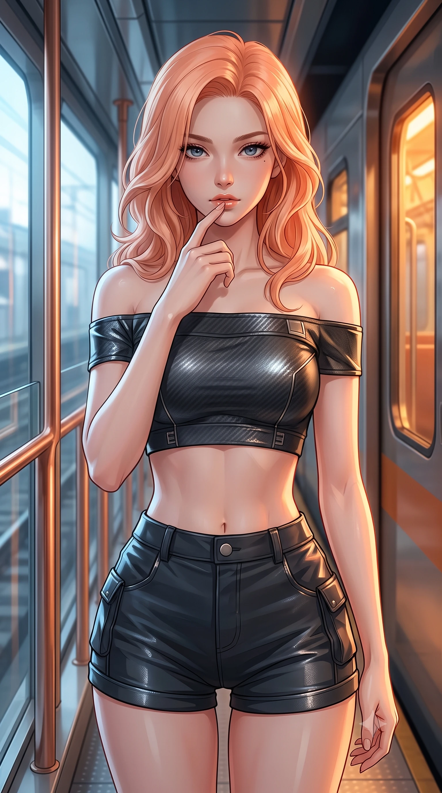 score_9, masterpiece, best quality, ultra-detailed, high-budget anime keyframe, editorial fashion photography, tasteful artistic composition, Japanese woman. close-up cowboy shot from the waist and thighs up, the character dominates the composition, filling the frame with her large presence, background elements kept in soft focus. pressing one finger to her bottom lip in a thoughtful, composed gesture, locking eyes with the viewer, the background shows a soft-focus a train platform vestibule with copper handrails and glass panels. She has an exceptionally elegant, slender, and willowy female figure with an ultra-slim waist, a gracefully sculpted slender torso, and a refined silhouette. sharp v-shaped jawline, high-bridge nose, intricate jewel-like eyes with depth, thick eyelashes, glossy lips with a natural sheen. wearing a form-contouring chic off-shoulder carbon-plate crop top, paired with high-waisted utility micro-shorts. cool ambient daylight contrasting with warm amber light from train cabin. ultra-reflective glossy finish, specular highlights, metallic sheen, high-contrast stereoscopic depth, volumetric dynamic lighting, 2k, ultra detail, master piece, 9:16 ratio