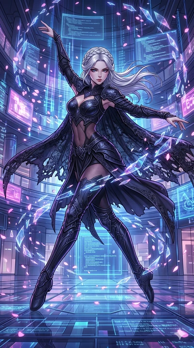 score_9, masterpiece, best quality, ultra-detailed, high-budget anime movie keyframe, cinematic anime lighting, intricate line art, Korean anime girl. Dynamic full-body shot stretching the vertical silhouette across the 9:16 frame. dancing with data-