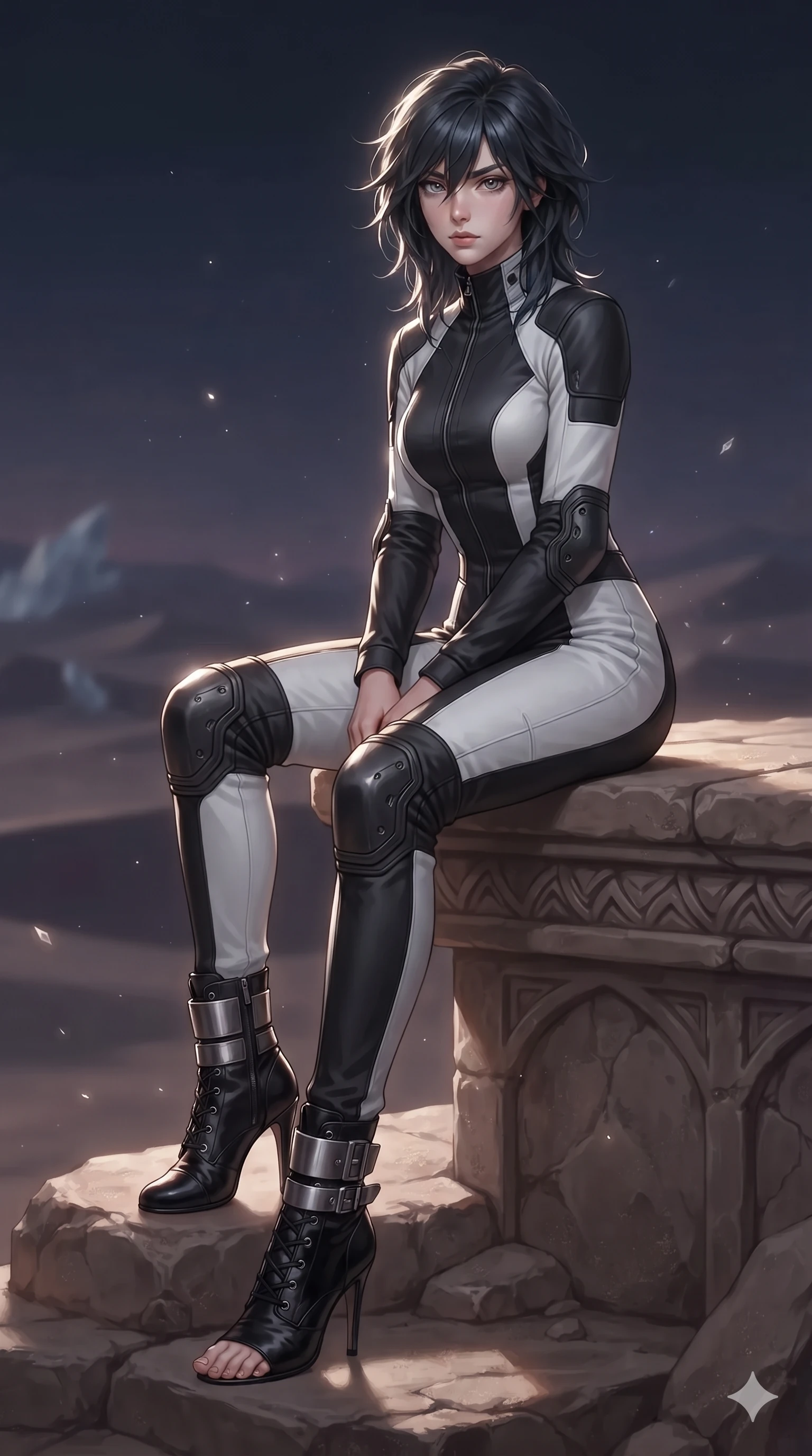 score_9, masterpiece, best quality, ultra-detailed, high-budget anime keyframe, editorial fashion photography, tasteful artistic composition, Caucasian woman. low angle full-body shot from head to toe showing her feet, filling the entire 9:16 vertical frame with her statuesque presence, stretching her vertical silhouette. reclining gracefully across the anti-gravity daybed with one leg extended, her sculpted silhouette and flat midriff radiating magnetic futuristic glamour while sitting gracefully on the carved stone promontory ledge with legs crossed, flashing an enchanting smile with parted glossy lips as desert breeze rustles her ribbons. The background shows a soft-focus faint evening desert haze softened in crystalline dunes sanctuary shallow focus. She has an absolutely perfect, statuesque 8.5-heads proportion, an exceptionally tall and slender model-like female figure with impossibly long slender legs, an ultra-slim waist, a flat toned midriff, narrow delicate ribcage, and beautifully sculpted feminine hips creating a graceful, slim hourglass silhouette without any bulky heaviness. sharp v-shaped jawline, high-bridge nose, intricate jewel-like sparkling eyes with depth, thick eyelashes, glossy parted lips with a natural sheen, bright confident smile with an enchanting and coquettish sensual glint, exuding both youthful magnetic charm and sovereign high-tech allure, flawlessly proportioned anatomical accuracy, strict slender model proportions, natural body alignment, perfectly sculpted long slender limbs, ultra-slim waistline, clean dynamic posture without body distortion. wearing a high-neck tactical reconnaissance jumpsuit with reinforced knee and elbow articulation guards in dual-tone high-contrast monochrome black and stark white, made of flexible bullet-resistant ballistic microfiber with high-tensile strength, complemented by strappy stiletto combat boots with metallic ankle wraps accentuating her slender calves, the bespoke structured tailoring following the natural line of her 8.5-heads silhouette with refined elegance. illuminated by glass dune reflection bounce and sharp diamond-silver rim lights defining her razor-sharp jawline, narrow waist, and curvy hips. ultra-reflective glossy finish, specular highlights, rich textural contrasts, high-contrast stereoscopic depth, volumetric dynamic lighting, 2k, ultra detail, master piece, 9:16 ratio
