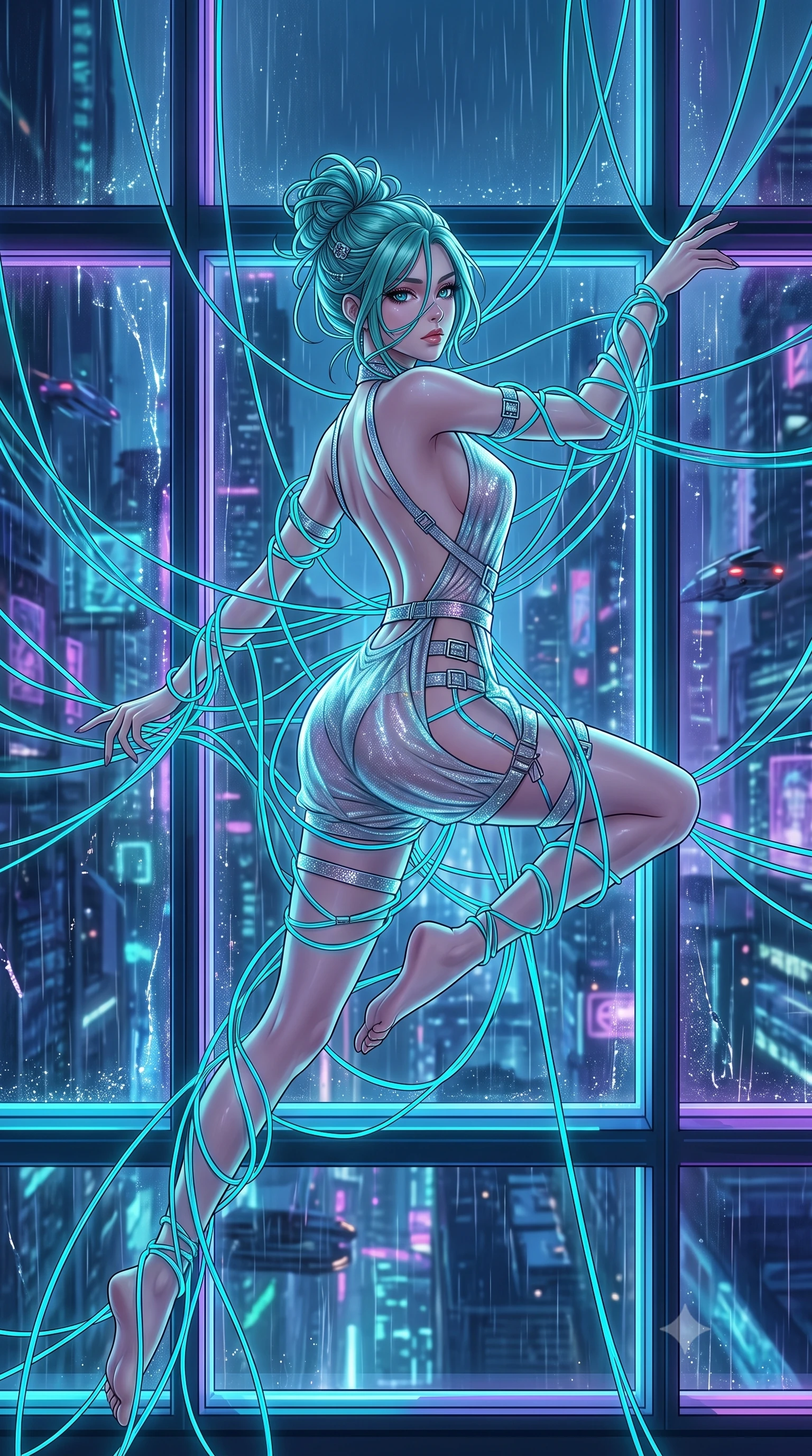 score_9, masterpiece, best quality, ultra-detailed, High-budget Anime Keyframe, East Asian woman. Dynamic full-body shot stretching the vertical silhouette to the limit. Scenario 362: tangled in a web of glowing cyan fiber-optic cables inside a glowing neon window at twilight with soft rain falling. Her presence is magnetic and overpowering in this high-budget anime scene. Outfit 362: a slim-fit shimmering chiffon garter with a backless design and metallic buckles. The clothing is designed to emphasize her exceptionally tall and slender 8-heads proportion. 8-heads proportion, towering silhouette, ultra-slim waist. sharp v-shaped jawline, intricate jewel-like eyes with depth, thick eyelashes, glossy lips. 2k, ultra detail, master piece, 9:16 ratio
