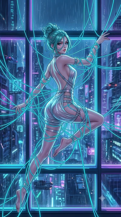 score_9, masterpiece, best quality, ultra-detailed, High-budget Anime Keyframe, East Asian woman. Dynamic full-body shot stretching the vertical silhouette to the limit. Scenario 362: tangled in a web of glowing cyan fiber-optic cables inside a glowi