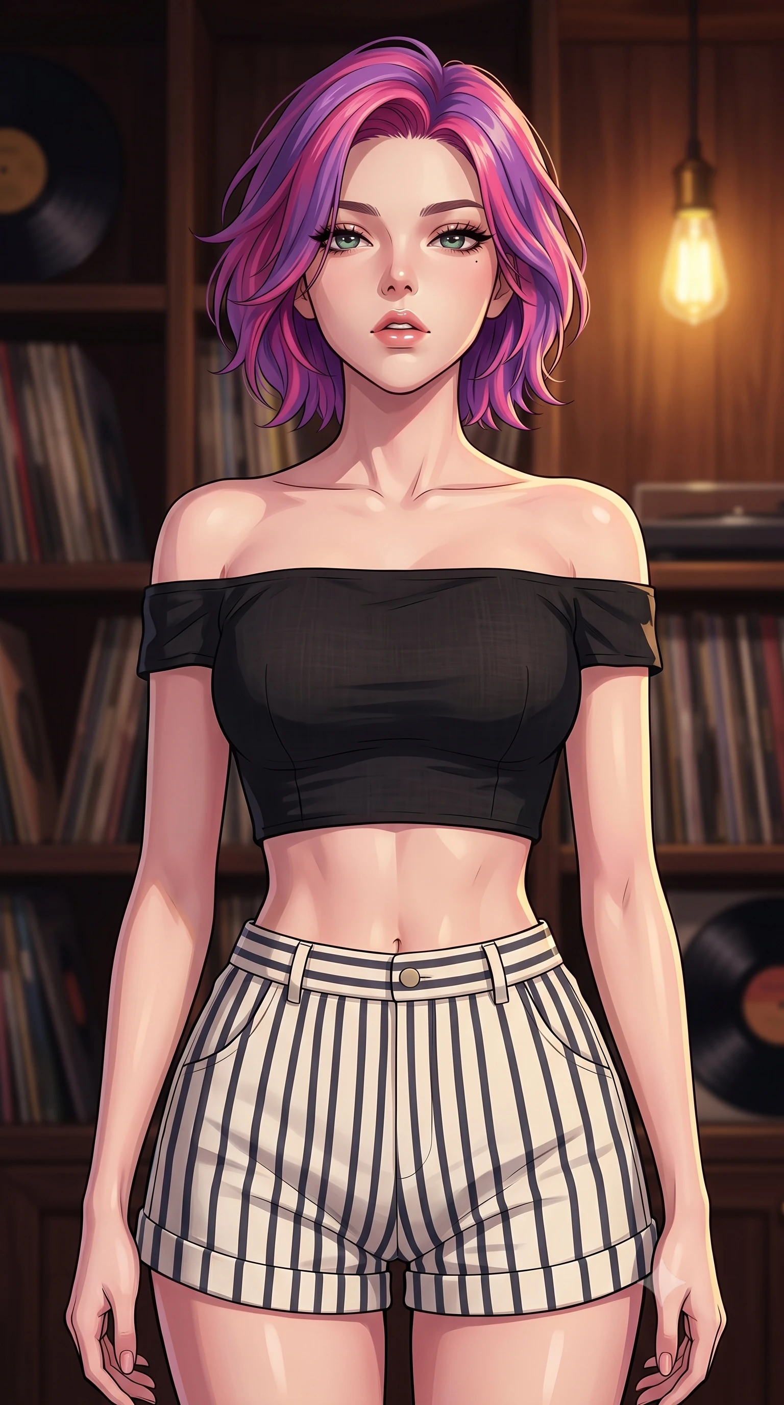 score_9, masterpiece, best quality, ultra-detailed, high-budget anime keyframe, tasteful artistic composition, Caucasian woman. close-up cowboy shot from the waist and thighs up, the character dominates the composition, filling the frame with her large presence, background elements kept in soft focus. tilting her chin up slightly with lips parted in a composed, provocative expression the background shows a soft-focus a private retro LP listening room with dark walnut wood shelves filled with vinyl records. She has an exceptionally elegant, slender, and willowy female figure with an ultra-slim waist, a gracefully sculpted slender torso, and a refined silhouette. sharp v-shaped jawline, high-bridge nose, intricate jewel-like eyes with depth, thick eyelashes, glossy lips with a natural sheen. wearing a tailored chic off-shoulder crop top in black linen, paired with high-waisted striped resort shorts. warm golden light from a single retro bulb casting cozy, soft shadows. highly saturated vibrant anime colors, cel-shading, 2d style, master piece, 9:16 ratio