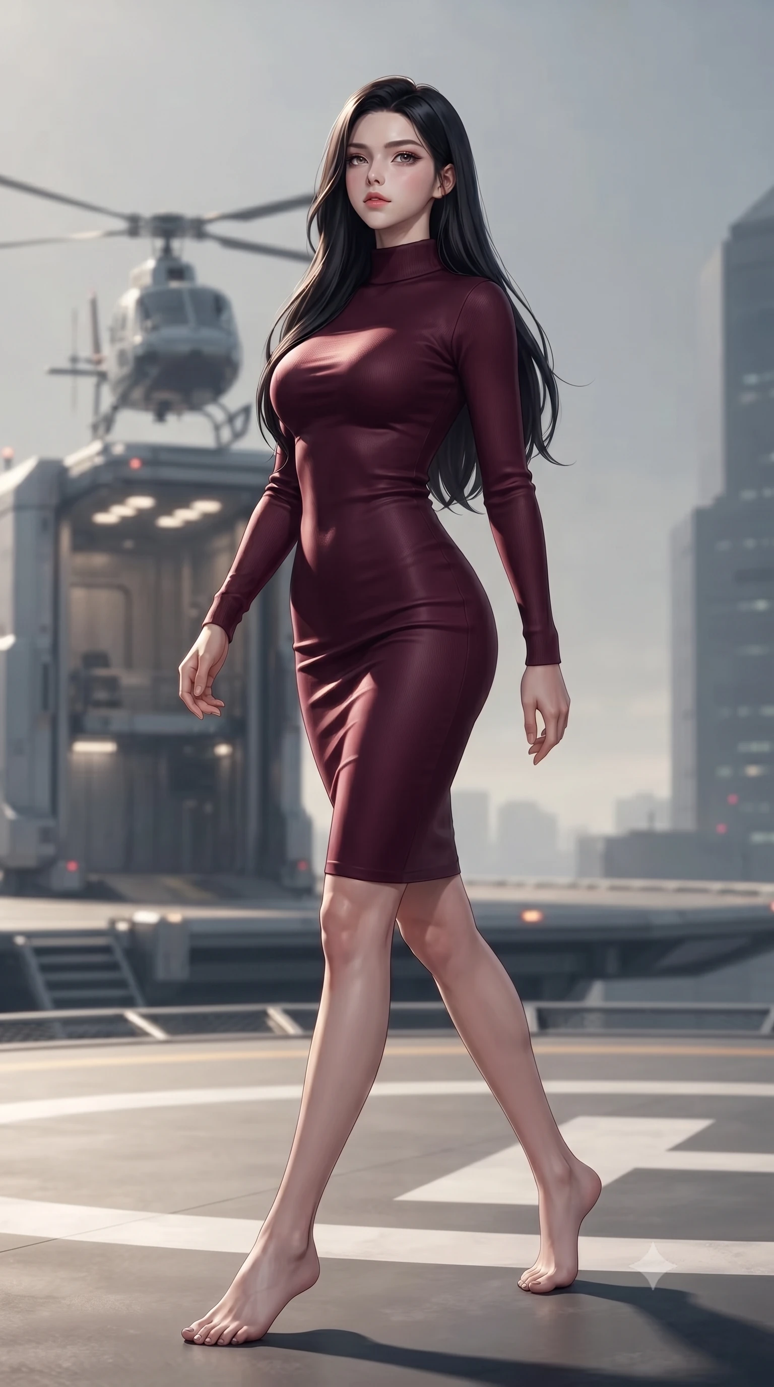 score_9, masterpiece, best quality, ultra-detailed, high-budget anime keyframe, editorial fashion photography, tasteful artistic composition, Korean woman. low angle full-body shot from head to toe showing her feet, filling the entire 9:16 vertical frame with her statuesque presence, stretching her vertical silhouette. stepping gracefully while looking back over her shoulder, her dress draped tightly to reveal her silhouette the background shows a soft-focus a futuristic vehicle elevator transporting a helicopter to a rooftop runway. She has an absolutely perfect, statuesque 8.5-heads proportion, an exceptionally tall and slender model-like female figure with impossibly long slender legs and an ultra-slim waist. sharp v-shaped jawline, high-bridge nose, intricate jewel-like eyes with depth, thick eyelashes, glossy lips with a natural sheen. wearing a slim-fit form-contouring bodycon sweater dress in deep burgundy, featuring a snug mock-neck. harsh sodium yellow spotlights casting long dramatic industrial shadows. ultra-reflective glossy finish, specular highlights, metallic sheen, high-contrast stereoscopic depth, volumetric dynamic lighting, 2k, ultra detail, master piece, 9:16 ratio