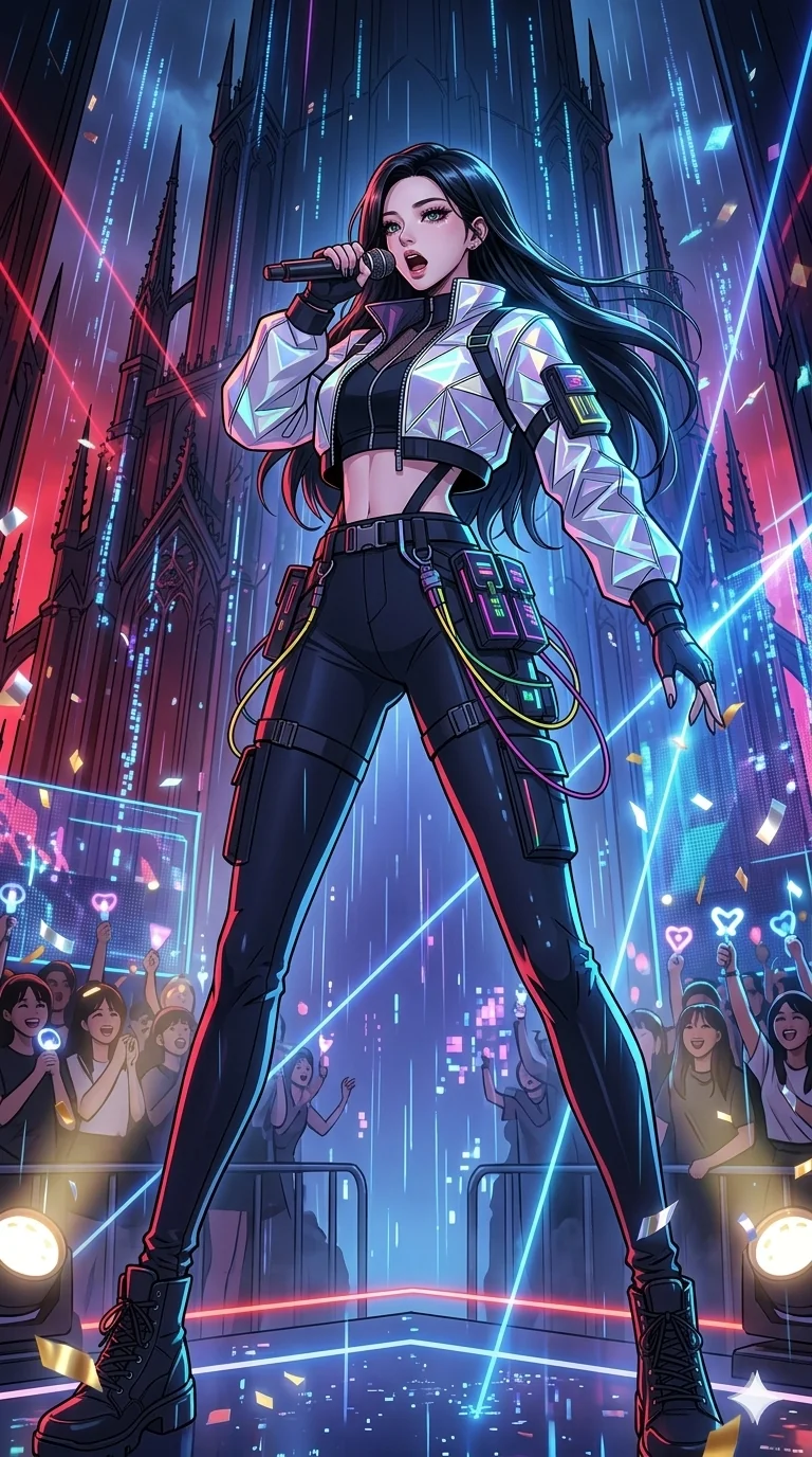 score_9, masterpiece, best quality, ultra-detailed, high-budget anime movie keyframe, cinematic anime lighting, intricate line art, Korean woman. Dynamic full-body shot stretching the vertical silhouette across the 9:16 frame. singing on a laser stage in a gothic obsidian tower with holographic rain. She has an absolutely perfect 8-heads proportion, an exceptionally tall and slender female figure with an ultra-slim waist and impossibly long slender legs. sharp v-shaped jawline, high-bridge nose, intricate jewel-like eyes, thick eyelashes, glossy lips. Wearing modern urban tech-wear ensemble with a cropped reflective bomber jacket, ultra-slim high-waisted cargo leggings, and tactical harness with neon-lit pouches. The scene is illuminated by dramatic atmospheric lighting and vibrant color palettes. , 2k, ultra detail, master piece, 9:16 ratio