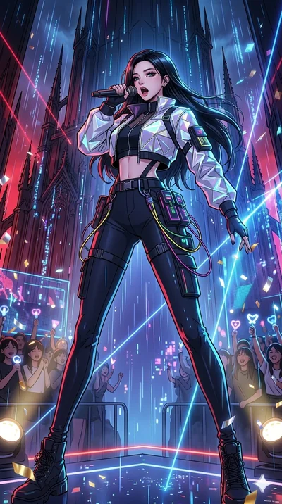 score_9, masterpiece, best quality, ultra-detailed, high-budget anime movie keyframe, cinematic anime lighting, intricate line art, Korean woman. Dynamic full-body shot stretching the vertical silhouette across the 9:16 frame. singing on a laser stag