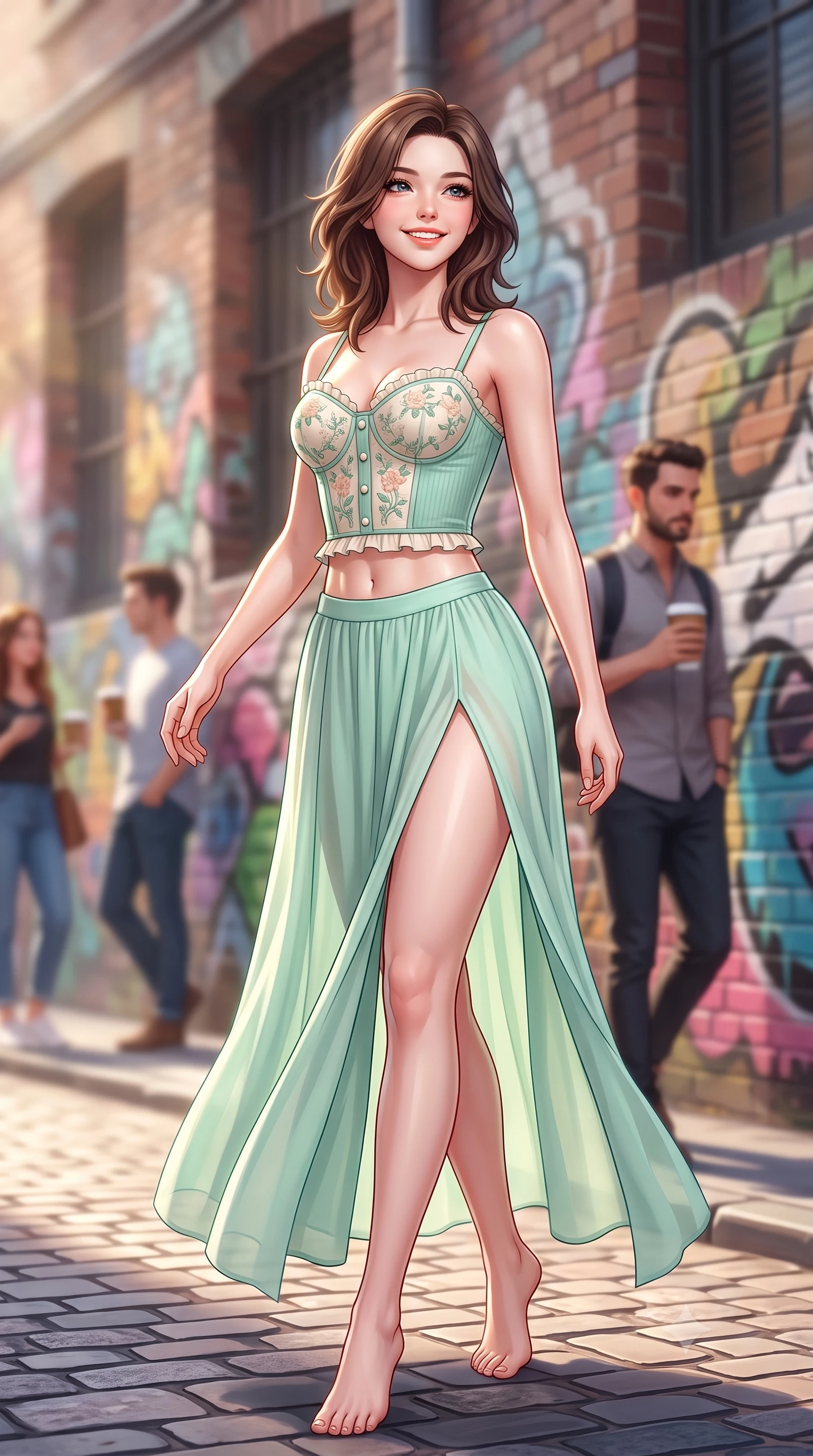 score_9, masterpiece, best quality, ultra-detailed, high-budget anime keyframe, semi-realistic 3D game render, editorial fashion photography, tasteful artistic composition, Korean woman. low angle full-body shot from head to toe showing her feet, filling the entire 9:16 vertical frame with her statuesque presence, stretching her vertical silhouette. stepping forward gracefully in mid-motion with a radiant beaming smile, hips swaying in an alluring kinetic rhythm that accentuates her curvy hourglass silhouette and long slender legs while leaning against an industrial brick wall adorned with colorful street art with hips cocked back, looking over her shoulder with a playful, alluring gaze. The composition keeps background elements in soft focus with dreamy creamy bokeh. dappled laneway light and passing stylish coffee-drinkers softened in trendy Melbourne shallow focus. She has an exceptionally tall and slender model-like 8.5-heads proportion, an ultra-slim waist, a flat toned midriff, narrow delicate ribcage, and beautifully sculpted feminine hips creating a graceful, slim hourglass silhouette without any bulky heaviness, with impossibly long slender legs. sharp v-shaped jawline, high-bridge nose, intricate jewel-like sparkling eyes with depth, thick eyelashes, glossy parted lips with a natural peach sheen, bright cheerful beaming smile with an enchanting and coquettish sensual glint, exuding both youthful cute charm and seductive allure, flawlessly proportioned anatomical accuracy, strict slender model proportions, natural body alignment, perfectly sculpted long slender limbs, ultra-slim waistline, clean dynamic posture without body distortion. wearing a delicate floral embroidery bustier top paired with a flowy high-slit chiffon maxi skirt with a side hip opening in refreshing mint green and soft vanilla cream, formed from supple second-skin stretch ribbed knit clinging to her form, finished with subtle ruffle trims and delicate pearl buttons, the form-contouring cut accentuating her sculpted flat midriff, narrow delicate ribcage, and gracefully curvy hips with supermodel precision. illuminated by warm street bounce light sharply defining her sculpted collarbones, ultra-slim waist, and curvy hips. highly saturated vibrant anime colors, detailed shading with soft gradients, rich glossy textures, high-contrast stereoscopic depth, volumetric dynamic lighting, master piece, 9:16 ratio