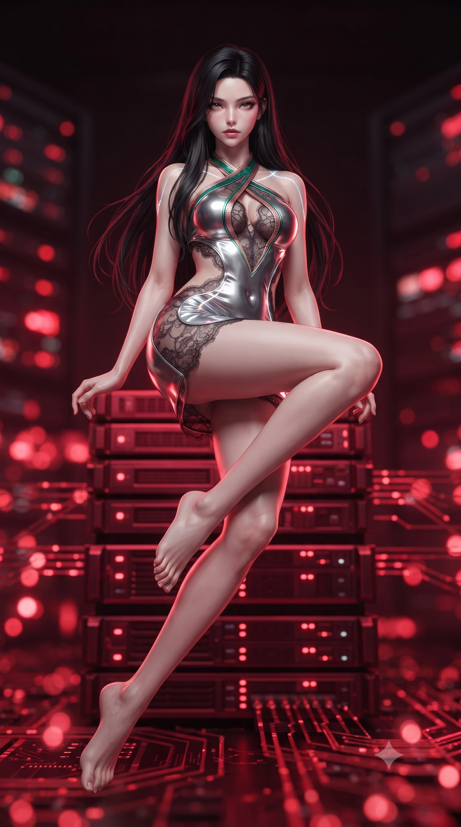 score_9, masterpiece, best quality, ultra-detailed, high-budget anime keyframe, editorial fashion photography, tasteful artistic composition, Korean woman. low angle full-body shot from head to toe showing her feet, filling the entire 9:16 vertical frame with her statuesque presence, stretching her vertical silhouette. performing an alluring mid-air vault with flawless poise, looking directly into the camera with smoldering intensity while leaning forward on a throne of server racks with a dangerous smolder resting her elbow on her knee. The composition keeps background elements in soft focus with creamy bokeh. pulsating crimson circuit tracks and server arrays blurred into intense, glowing red bokeh. She has an absolutely perfect, statuesque 8.5-heads proportion, an exceptionally tall and slender model-like female figure with impossibly long slender legs and an ultra-slim waist. sharp v-shaped jawline, high-bridge nose, intricate jewel-like eyes with depth, thick eyelashes, glossy lips with a natural sheen, flawlessly proportioned anatomical accuracy, natural body alignment, perfectly sculpted elegant limbs, clean dynamic posture without body distortion. wearing a molten silver liquid-metal mini dress featuring deep side-waist cutouts and a daring crossover halter neckline in emerald green and metallic rose gold trim, crafted from delicate dark lace interwoven with luminescent micro-fibers, accented with glowing fiber-optic seams tracing her collarbones and hip curves, the sleek aerodynamic cut emphasizing her magnetic presence and alluring physical grace. illuminated by deep ruby red ambient glow and crisp silver specular highlights. ultra-reflective glossy finish, specular highlights, metallic sheen, high-contrast stereoscopic depth, volumetric dynamic lighting, 2k, ultra detail, master piece, 9:16 ratio