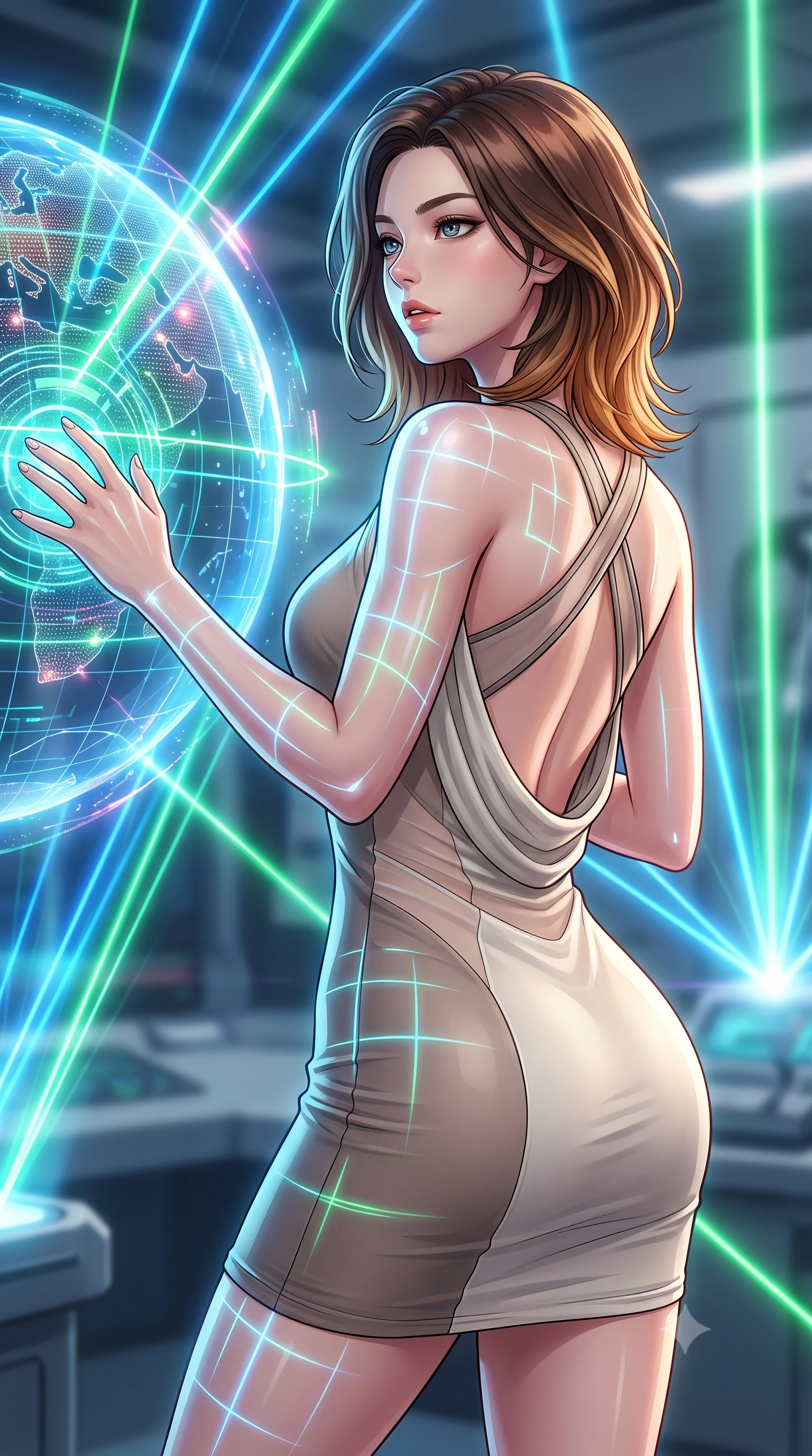 score_9, masterpiece, best quality, ultra-detailed, high-budget anime keyframe, editorial fashion photography, tasteful artistic composition, Korean woman. close-up cowboy shot from the waist and thighs up, the character dominates the composition, filling the frame with her large presence, background elements kept in soft focus. Tilting her chin up slightly with lips parted in a magnetic, composed expression interacting with a giant glowing holographic globe of a cybernetic planet, laser lines casting precise geometric grid highlights on her athletic form. She has an exceptionally elegant, slender, and willowy female figure with an ultra-slim waist, a gracefully sculpted slender torso, and a refined silhouette. sharp v-shaped jawline, high-bridge nose, intricate jewel-like eyes with depth, thick eyelashes, glossy lips with a natural sheen. wearing a precision-fitted liquid jersey bodycon dress with a draped back in muted taupe and soft ivory, woven from fine semi-opaque sheer organza, complemented by criss-cross back straps highlighting her bare shoulders, the glove-like fit emphasizing her statuesque silhouette. lit by bright volumetric laser beams and soft specular highlights. highly saturated vibrant anime colors, detailed shading with soft gradients, rich glossy textures, high-contrast stereoscopic depth, volumetric dynamic lighting, master piece, 9:16 ratio