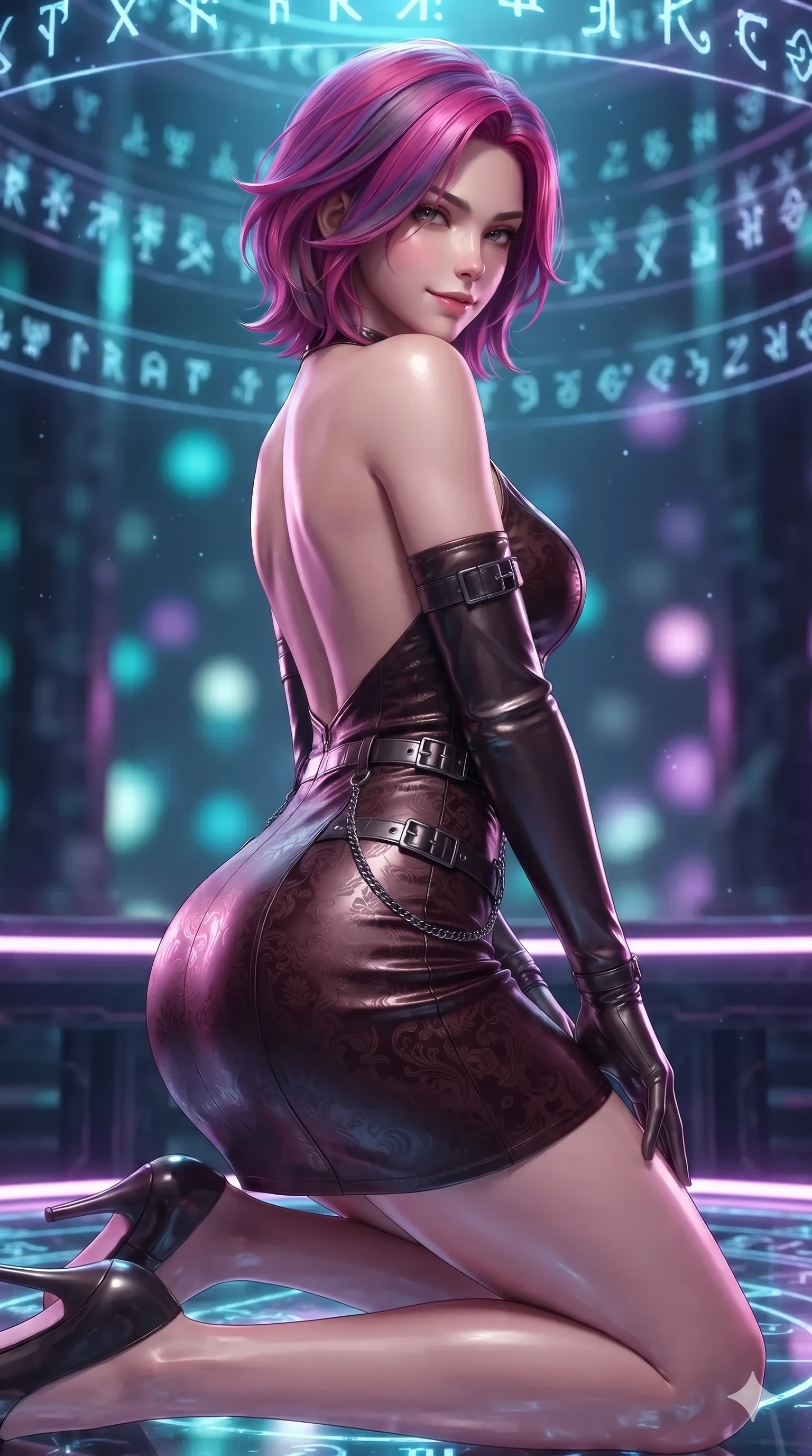 score_9, masterpiece, best quality, ultra-detailed, high-budget anime keyframe, editorial fashion photography, tasteful artistic composition, Caucasian woman. close-up cowboy shot from the waist and thighs up, the character dominates the composition, filling the frame with her large presence. glancing sidelong over her shoulder with a smoldering, enigmatic half-smile that commands the frame while kneeling on one knee beside the digital altar dais with hips angled toward the camera, her dark tailored fit highlighting her hourglass curves. The background shows a soft-focus intricate revolving holographic spell circles, archaic runic glyphs floating in cold air, and ancient obsidian columns blurred into cyan, amethyst, and obsidian bokeh. She has an exceptionally elegant, slender, and willowy female figure with an ultra-slim waist, flat toned midriff, narrow ribcage, and sculpted feminine hips creating an alluring, slim hourglass silhouette without bulk. sharp v-shaped jawline, high-bridge nose, intricate jewel-like dark sparkling eyes with hypnotic seductive depth, thick curled eyelashes, glossy parted lips with a natural wine sheen, alluring bedroom-eyes with an enigmatic smoldering smile, exuding magnetic sovereign charisma and dark avant-garde glamour, flawlessly proportioned anatomical accuracy, strict slender model proportions, natural body alignment, perfectly sculpted long slender limbs, ultra-slim waistline, clean dynamic posture without body distortion. wearing a backless liquid vinyl mini slip dress with bare shoulder neckline in dark mahogany and brushed gunmetal, tailored from rich silk jacquard with subtle embossed baroque patterns, framed by dark titanium buckles and silver chain details, the glove-like silhouette tightly following the natural contour of her hips and long slender legs with youthful 8.5-heads elegance. illuminated by holographic ground circle upward bounce and sharp electric-violet rim lights sculpting her razor-sharp jawline, narrow waist, and curvy hips. ultra-reflective glossy finish, specular highlights, metallic sheen, high-contrast stereoscopic depth, volumetric dynamic lighting, 2k, ultra detail, master piece, 9:16 ratio
