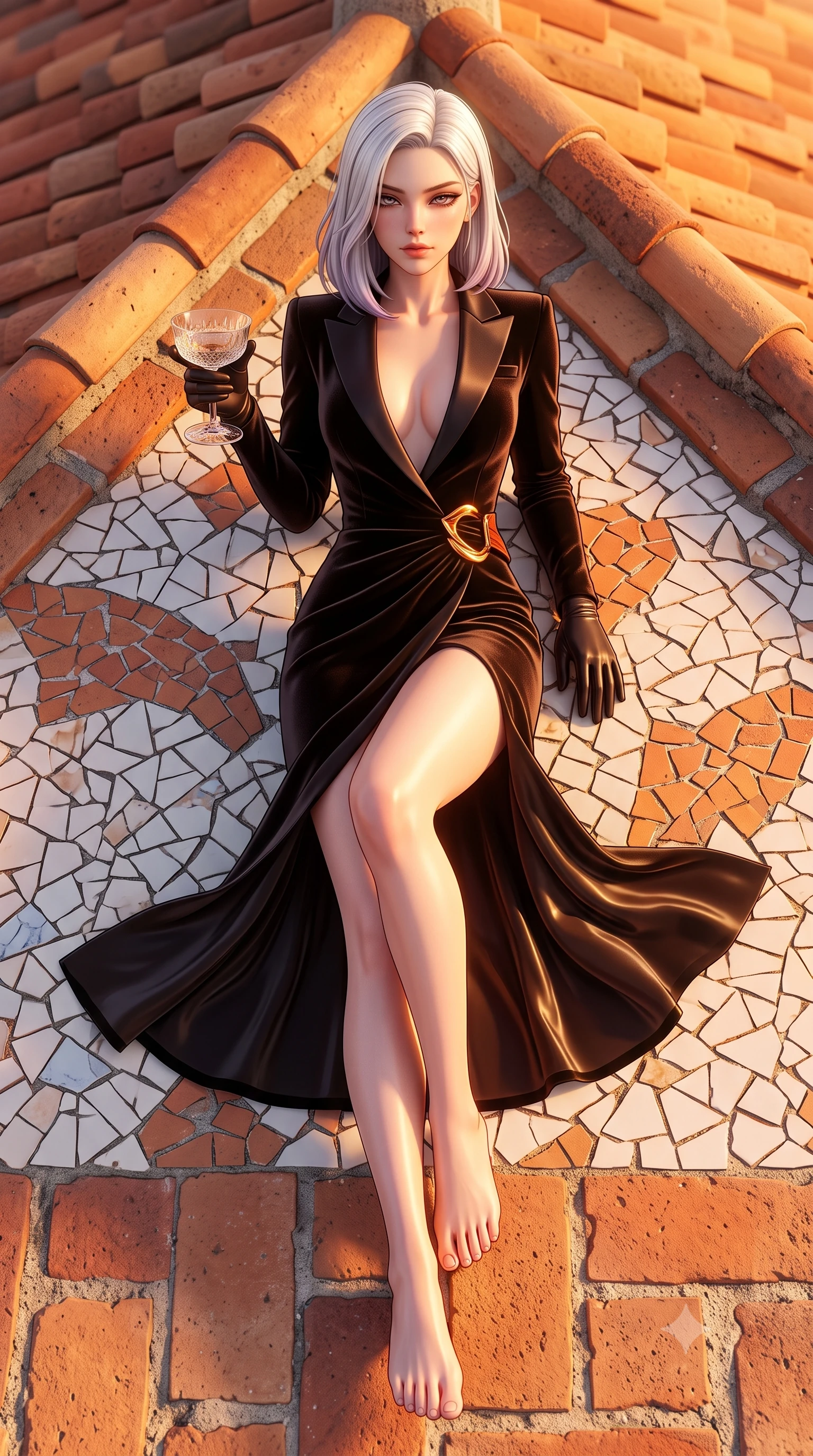 score_9, masterpiece, best quality, ultra-detailed, high-budget anime keyframe, semi-realistic 3D game render, editorial fashion photography, tasteful artistic composition, Caucasian woman. low angle full-body shot from head to toe showing her feet, filling the entire 9:16 vertical frame with her statuesque presence, stretching her vertical silhouette. reclining on her side in an elegant Cleopatra pose with one knee drawn up, the dramatic contour of her rounded hips and long slender legs commanding the 9:16 vertical frame while striding across the whimsical tiled roof deck as warm Mediterranean winds flutter her high-slit dress around her long slender legs. The surrounding environment is rendered in vivid detail and crisp panoramic clarity. sharp broken-ceramic trencadís mosaic tile joints, textured mortar, and terracotta brickwork in deep focus. She has an exceptionally tall and slender model-like 8.5-heads proportion, an ultra-slim waist, a flat toned midriff, narrow delicate ribcage, and beautifully sculpted feminine hips creating a graceful, slim hourglass silhouette without any bulky heaviness, with impossibly long slender legs. sharp v-shaped jawline, high-bridge nose, intricate jewel-like eyes with depth, thick eyelashes, glossy parted lips with a natural sheen, intensely captivating and seductive bedroom-eyes expression, flawlessly proportioned anatomical accuracy, strict slender model proportions, natural body alignment, perfectly sculpted long slender limbs, ultra-slim waistline, clean dynamic posture without body distortion. wearing a tailored velvet tuxedo jacket dress with satin lapels, worn with a deep plunge neckline and gold hip buckle in molten desert gold and burnt terracotta, tailored from second-skin aerodynamic stretch vinyl with specular wet sheen, accessorized with opera-length satin gloves and a vintage crystal glass, the second-skin form-contouring cut accentuating her sculpted flat midriff, narrow delicate ribcage, and gracefully curvy hips with supermodel precision. bathed in glorious golden hour Mediterranean sunset backlighting and warm terracotta tile bounce fill. highly saturated vibrant anime colors, detailed shading with soft gradients, rich glossy textures, high-contrast stereoscopic depth, volumetric dynamic lighting, master piece, 9:16 ratio
