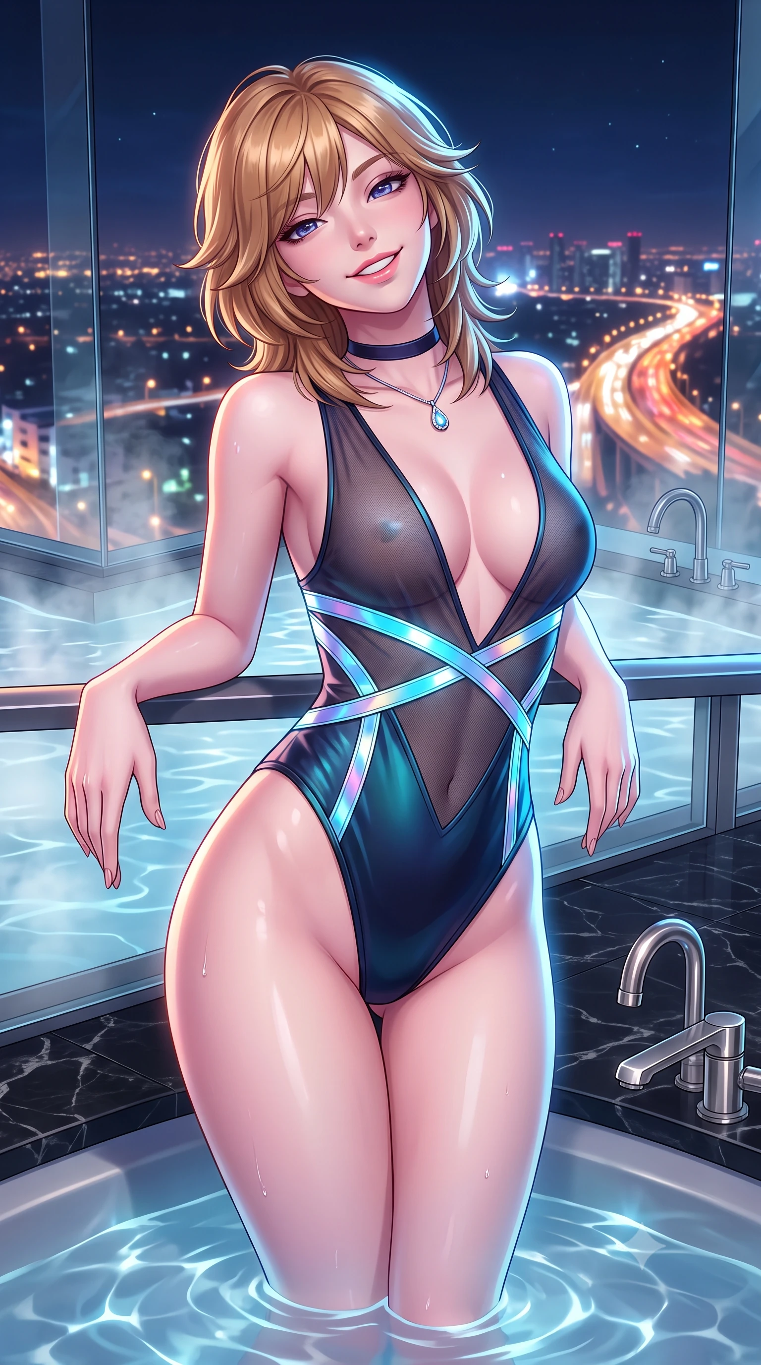 score_9, masterpiece, best quality, ultra-detailed, high-budget anime keyframe, semi-realistic 3D game render, editorial fashion photography, tasteful artistic composition, Korean woman. close-up cowboy shot from the waist and thighs up, the character dominates the composition, filling the frame with her large presence. leaning back against the balustrade with relaxed seductive grace, head tilted back slightly while casting a hypnotic, heavy-lidded gaze while twisting her slender torso in an alluring contrapposto stance, shimmering city highway lights and thermal bath vapor caressing her flat midriff. The surrounding environment is rendered in vivid detail and crisp panoramic clarity: sharp structural glass corner bevels, honed black marble floor veining, and polished nickel tap fittings in deep focus. She has an exceptionally elegant, slender, and willowy female figure with an ultra-slim waist, flat toned midriff, narrow ribcage, and sculpted feminine hips creating an alluring, slim hourglass silhouette without bulk. sharp v-shaped jawline, high-bridge nose, intricate jewel-like sparkling eyes with depth, thick eyelashes, glossy parted lips with a natural peach sheen, bright cheerful beaming smile with an enchanting and coquettish sensual glint, exuding both youthful cute charm and seductive allure, flawlessly proportioned anatomical accuracy, strict slender model proportions, natural body alignment, perfectly sculpted long slender limbs, ultra-slim waistline, clean dynamic posture without body distortion. wearing a provocative plunging sheer micro-mesh leotard with criss-cross neon strap details across her flat midriff in Neo-Carthage holographic cyan and solar chrome, made of fluid liquid jersey with seamless sculpting hold and smooth contours, finished with a thin velvet ribbon choker and a single teardrop diamond pendant, the form-contouring silhouette accentuating her sculpted flat midriff, narrow delicate ribcage, and gracefully curvy hips with intoxicating allure. illuminated by tub water caustics bounce and sharp platinum-cyan rim lights sculpting her razor-sharp jawline, narrow waist, and curvy hips. highly saturated vibrant anime colors, detailed shading with soft gradients, rich glossy textures, high-contrast stereoscopic depth, volumetric dynamic lighting, master piece, 9:16 ratio