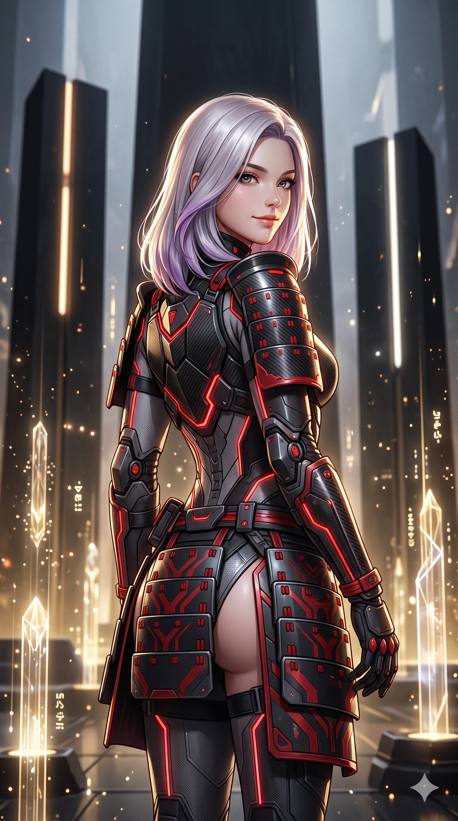 score_9, masterpiece, best quality, ultra-detailed, high-budget anime keyframe, semi-realistic 3D game render, editorial fashion photography, tasteful artistic composition, Caucasian woman. close-up cowboy shot from the waist and thighs up, the character dominates the composition, filling the frame with her large presence. posing in an alluring rear three-quarter angle, looking over a bare shoulder with heavy-lidded sparkling eyes, her hips cocked back to highlight her slim hourglass curve while twisting her slender torso in an alluring S-curve, crystalline holographic data beams painting sharp gold and platinum light ribbons across her flat midriff and hourglass curves. The background shows a soft-focus soaring minimalist black stone monoliths and recessed lighting strips softened in prestigious sci-fi senate shallow focus. She has an exceptionally elegant, slender, and willowy female figure with an ultra-slim waist, flat toned midriff, narrow ribcage, and sculpted feminine hips creating an alluring, slim hourglass silhouette without bulk. sharp v-shaped jawline, high-bridge nose, intricate jewel-like sparkling eyes with depth, thick eyelashes, glossy parted lips with a natural sheen, bright confident smile with an enchanting and coquettish sensual glint, exuding both youthful magnetic charm and sovereign high-tech allure, flawlessly proportioned anatomical accuracy, strict slender model proportions, natural body alignment, perfectly sculpted long slender limbs, ultra-slim waistline, clean dynamic posture without body distortion. wearing a cyber-samurai tactical suit featuring a shortened carbon chestplate and high-slit armored wrap skirt in midnight black lacquer and vibrant scarlet neon, featuring strategic sheer-illusion tulle side panels framing her ribcage and hips, finished with sharp laser-cut side ventilation slits framed by silver hardware rings, the form-fitting tactical tailoring adhering flawlessly to her sculpted flat midriff and slender torso, emphasizing her long leg lines and perfectly proportioned willowy build. bathed in the prestigious warm 2800K glow of recessed golden cove lighting mixed with crisp cold white crystal data projections. highly saturated vibrant anime colors, detailed shading with soft gradients, rich glossy textures, high-contrast stereoscopic depth, volumetric dynamic lighting, master piece, 9:16 ratio