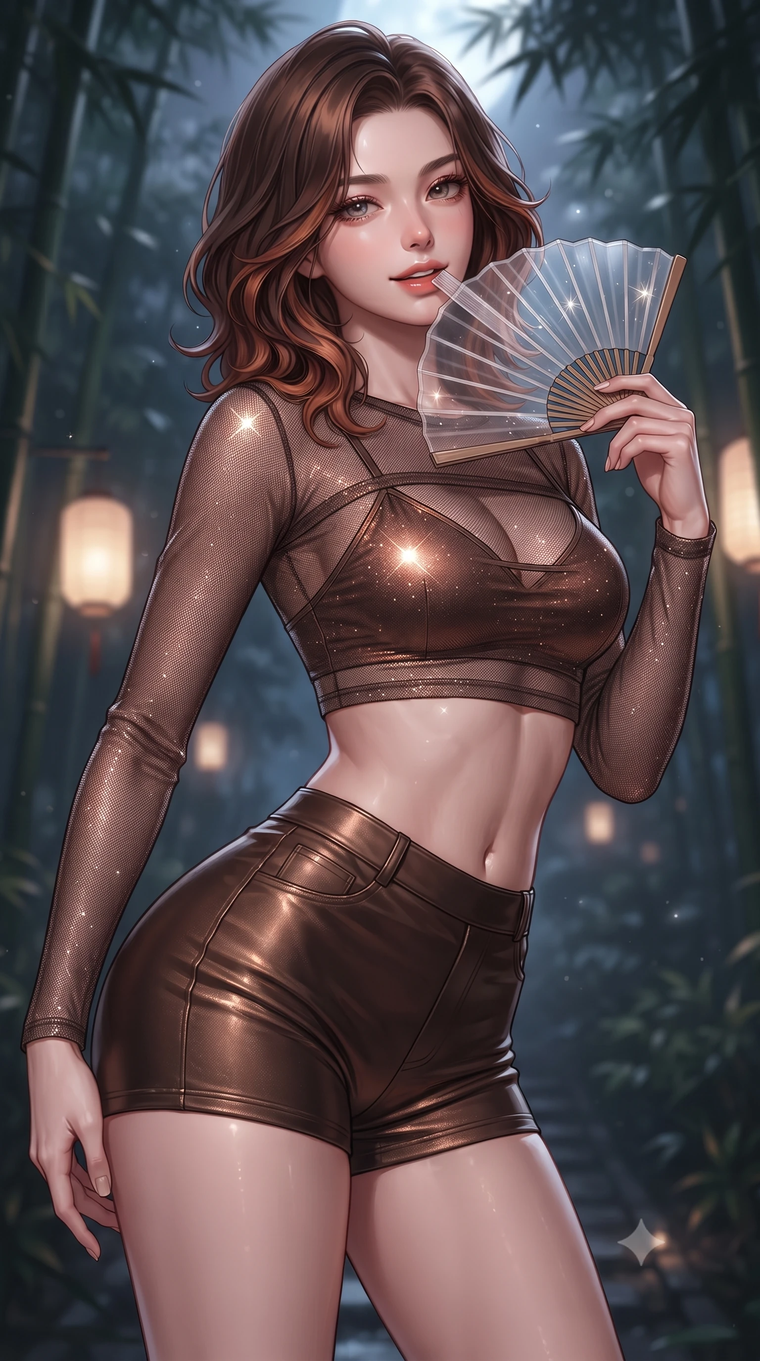 score_9, masterpiece, best quality, ultra-detailed, high-budget anime keyframe, editorial fashion photography, tasteful artistic composition, Korean woman. close-up cowboy shot from the waist and thighs up, the character dominates the composition, filling the frame with her large presence. tilting her head with a teasing half-smile, running one hand slowly down the side of her hip in a flirtatious S-curve as ambient light caresses her silhouette while twisting her slender torso in an alluring S-curve, dappled silver moonlight tracing her form-fitting outfit and curvaceous hips. The background shows a soft-focus faint paper lanterns glowing softly between bamboo groves softened in intimate nocturnal shallow focus. She has an exceptionally elegant, slender, and willowy female figure with an ultra-slim waist, flat toned midriff, narrow ribcage, and sculpted feminine hips creating an alluring, slim hourglass silhouette without bulk. sharp v-shaped jawline, high-bridge nose, sparkling eyes with hypnotic seductive depth, thick curled eyelashes, glossy parted lips with a natural dewy peach sheen, alluring bedroom-eyes with an enchanting coquettish smile, exuding magnetic siren charisma and sophisticated glamour, flawlessly proportioned anatomical accuracy, strict slender model proportions, natural body alignment, perfectly sculpted long slender limbs, ultra-slim waistline, clean dynamic posture without body distortion. wearing a sheer athletic mesh long-sleeve crop top layered over an opaque strappy micro-bralette and tight leatherette shorts in sultry espresso bronze and metallic copper, woven from stretch metallic lurex jersey casting radiant starlight glints across her silhouette, finished with a transparent silk folding fan held gracefully near her glossy parted lips, the form-contouring silhouette accentuating her sculpted flat midriff, narrow delicate ribcage, and gracefully curvy hips with intoxicating allure. bathed in cool moonlight filtering delicately through the dense bamboo canopy. ultra-reflective glossy finish, specular highlights, rich textural contrasts, high-contrast stereoscopic depth, volumetric dynamic lighting, 2k, ultra detail, master piece, 9:16 ratio