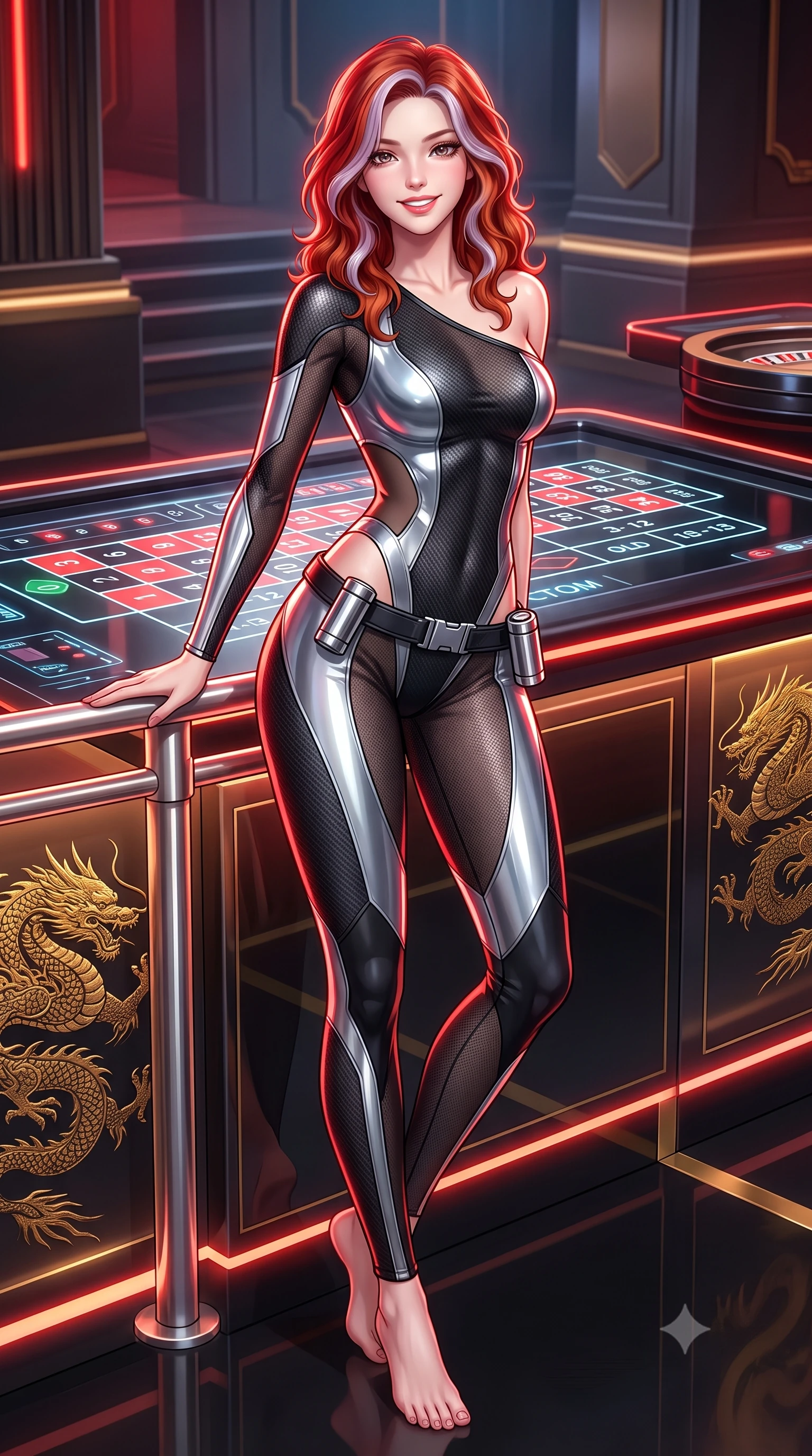score_9, masterpiece, best quality, ultra-detailed, high-budget anime keyframe, semi-realistic 3D game render, editorial fashion photography, tasteful artistic composition, Caucasian woman. low angle full-body shot from head to toe showing her feet, filling the entire 9:16 vertical frame with her statuesque presence, stretching her vertical silhouette. standing in a tall, confident posture with one hand on a glowing metal railing, stretching her statuesque body as she arches her lower back to emphasize her sculpted feminine hips and slender waist while leaning over the glossy black hologram roulette table with hips cocked back, arching her spine with dangerous seductive glamour. The surrounding environment is rendered in vivid detail and crisp panoramic clarity: detailed suit fabric weave, gold dragon embroidery glints, and underground casino architecture in razor-sharp precision. She has an absolutely perfect, statuesque 8.5-heads proportion, an exceptionally tall and slender model-like female figure with impossibly long slender legs, an ultra-slim waist, a flat toned midriff, narrow delicate ribcage, and beautifully sculpted feminine hips creating a graceful, slim hourglass silhouette without any bulky heaviness. sharp v-shaped jawline, high-bridge nose, intricate jewel-like sparkling eyes with depth, thick eyelashes, glossy parted lips with a natural sheen, bright confident smile with an enchanting and coquettish sensual glint, exuding both youthful magnetic charm and sovereign high-tech allure, flawlessly proportioned anatomical accuracy, strict slender model proportions, natural body alignment, perfectly sculpted long slender limbs, ultra-slim waistline, clean dynamic posture without body distortion. wearing an asymmetric one-shoulder combat catsuit with carbon-weave paneling and an open-waist architecture emphasizing her hips in liquid chrome silver and pitch black, crafted from sheer technical cyber-lace reinforced with ultra-thin Kevlar threads, accented with a sleek utility belt with polished magnetic canisters resting loosely on her curvy hips, the aerodynamic second-skin silhouette tightly following the natural contour of her hips and long slender legs with youthful 8.5-heads elegance. illuminated by glowing table surfaces and sharp scarlet rim lights carving her sculpted collarbones, ultra-slim waist, and curvy hips. highly saturated vibrant anime colors, detailed shading with soft gradients, rich glossy textures, high-contrast stereoscopic depth, volumetric dynamic lighting, master piece, 9:16 ratio
