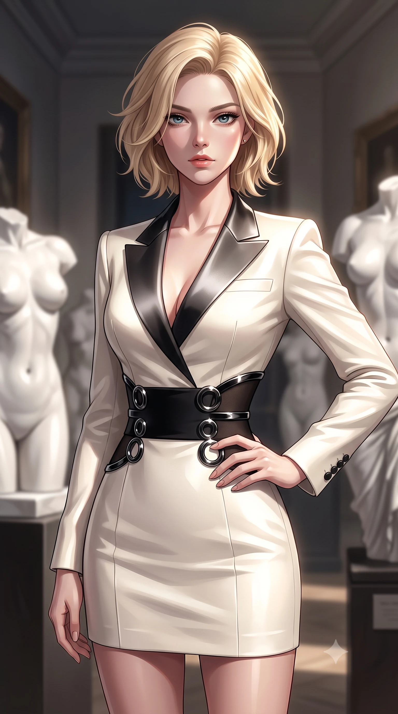 score_9, masterpiece, best quality, ultra-detailed, high-budget anime keyframe, editorial fashion photography, tasteful artistic composition, Caucasian woman. close-up cowboy shot from the waist and thighs up, the character dominates the composition, filling the frame with her large presence, background elements kept in soft focus. Holding a confident power pose with one hand on her hip, standing in a secluded private art gallery filled with white marble torso sculptures, high-art editorial framing with timeless luxury appeal. She has an exceptionally elegant, slender, and willowy female figure with an ultra-slim waist, a gracefully sculpted slender torso, and a refined silhouette. sharp v-shaped jawline, high-bridge nose, intricate jewel-like eyes with depth, thick eyelashes, glossy lips with a natural sheen. wearing tailored ivory tux dress with satin lapels and fitted waist in pitch-black onyx, made of fine dark contouring mesh, accented with sculpted obsidian chrome rings at the waist, sculpting her athletic slender build with refined precision. bathed in high-contrast black-and-white chiaroscuro with sharp key rays. highly saturated vibrant anime colors, detailed shading with soft gradients, rich glossy textures, high-contrast stereoscopic depth, volumetric dynamic lighting, master piece, 9:16 ratio