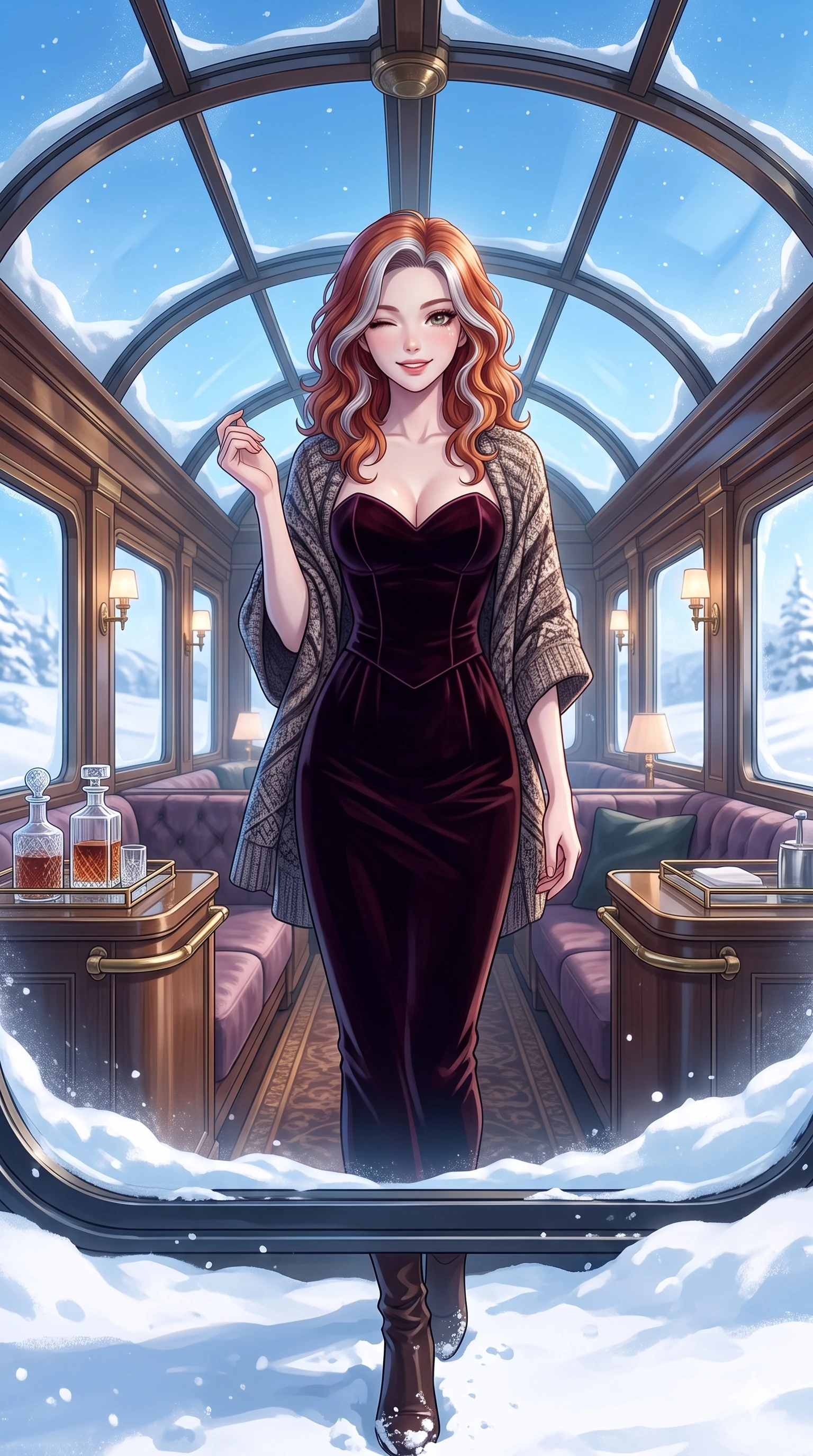 score_9, masterpiece, best quality, ultra-detailed, high-budget anime keyframe, vibrant anime aesthetic, Caucasian woman, strictly human ears. cowboy shot from the thighs up, character and outfit filling the frame for maximum presence. She is standing in the snow, winking and smiling delightfully at the camera inside a luxury train lounge car under winter blue sky (Code-P21-198). She has an absolutely perfect 8-heads proportion, an exceptionally tall and slender female figure with impossibly long slender legs and an ultra-slim waist. V-shaped jawline, high-bridge nose, intricate jewel-like eyes with depth, thick eyelashes, glossy lips with a natural sheen. wearing a dark velvet structured bodice with a sweetheart neckline combined with a patterned textured knit-inspired wrap in winter. She is bathed in soft morning winter light filtering through the glass dome of the conservatory. 2k, ultra detail, master piece, 9:16 ratio