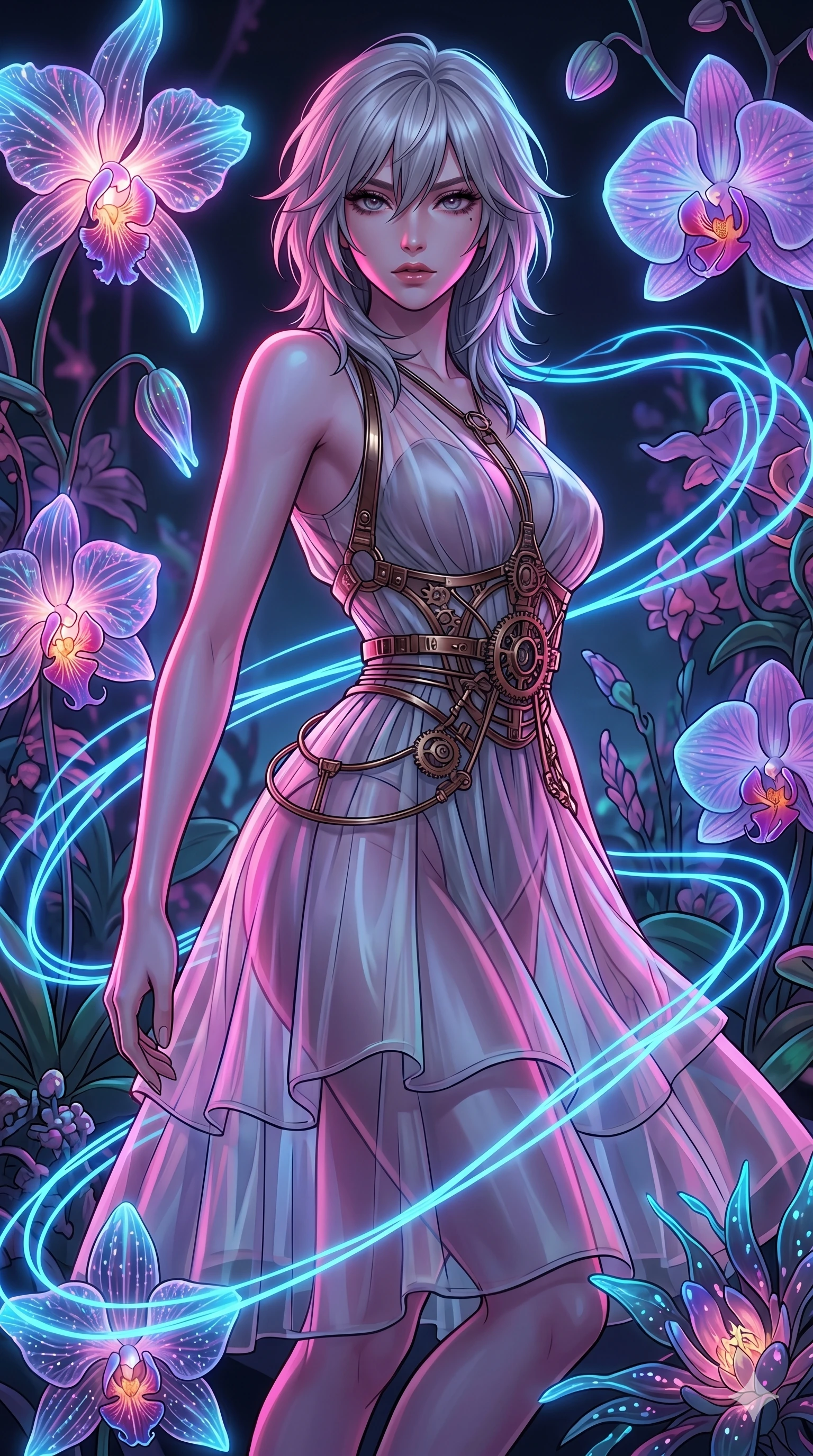 score_9, masterpiece, best quality, ultra-detailed, high-budget anime keyframe, editorial fashion photography, tasteful artistic composition, Japanese woman. upper body close-up from the thighs up, character filling the screen for maximum presence. twisting her body around in a cybernetic orchid garden with glowing bioluminescent petals as neon blue fluid lines follow her path like light trails. She has an absolutely perfect 8-heads proportion, an exceptionally tall and slender female figure with impossibly long slender legs and an ultra-slim waist. V-shaped jawline, high-bridge nose, intricate jewel-like eyes with depth, thick eyelashes, glossy lips with a natural sheen.. wearing a chrono-gear wire harness couture, featuring micro-bronze gear wire harness cinching her waist over a translucent layered silk organza midi dress with full lining. lit by high-contrast neon strobes that carve out her dynamic posture and V-shaped jawline. 2k, ultra detail, master piece, 9:16 ratio
