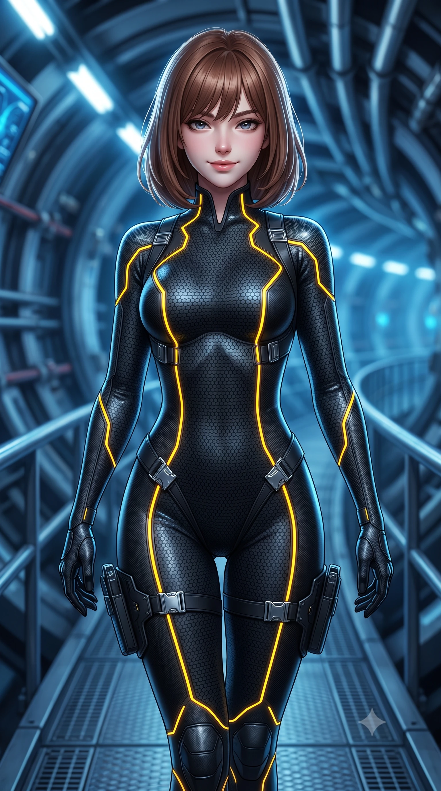 score_9, masterpiece, best quality, ultra-detailed, high-budget anime keyframe, semi-realistic 3D game render, editorial fashion photography, tasteful artistic composition, Caucasian woman. close-up cowboy shot from the waist and thighs up, the character dominates the composition, filling the frame with her large presence. turning slowly with a smoldering smile, her sleek hair catching the cockpit HUD rim light as her hips angle gracefully in a captivating contrapposto while walking slowly along the curving catwalk following the miles-long particle collider ring, arching her back with sovereign scientific charisma. The background shows a soft-focus the curving tunnel of massive circular superconducting magnets and pulsating beam sensors blurred into Cherenkov blue, silver, and charcoal bokeh. She has an exceptionally elegant, slender, and willowy female figure with an ultra-slim waist, flat toned midriff, narrow ribcage, and sculpted feminine hips creating an alluring, slim hourglass silhouette without bulk. sharp v-shaped jawline, high-bridge nose, intricate jewel-like sparkling eyes with depth, thick eyelashes, glossy parted lips with a natural sheen, bright confident smile with an enchanting and coquettish sensual glint, exuding both youthful magnetic charm and sovereign high-tech allure, flawlessly proportioned anatomical accuracy, strict slender model proportions, natural body alignment, perfectly sculpted long slender limbs, ultra-slim waistline, clean dynamic posture without body distortion. wearing an aerodynamic second-skin combat bodysuit with hexagonal carbon weave and glowing circuit seam piping in industrial hazard yellow and matte carbon black, formed from supple thermal silicone composite adhering seamlessly like a second skin, finished with polished chrome buckle hardware and modular magnetic holster clasps, the liquid-tight tailored fabric clinging flawlessly to her narrow waist and rounded feminine hips, emphasizing every millimeter of her sculpted slim hourglass curves without any bulky heaviness. bathed in eerie Cherenkov blue luminescence and crisp white fluorescent tunnel lighting. highly saturated vibrant anime colors, detailed shading with soft gradients, rich glossy textures, high-contrast stereoscopic depth, volumetric dynamic lighting, master piece, 9:16 ratio