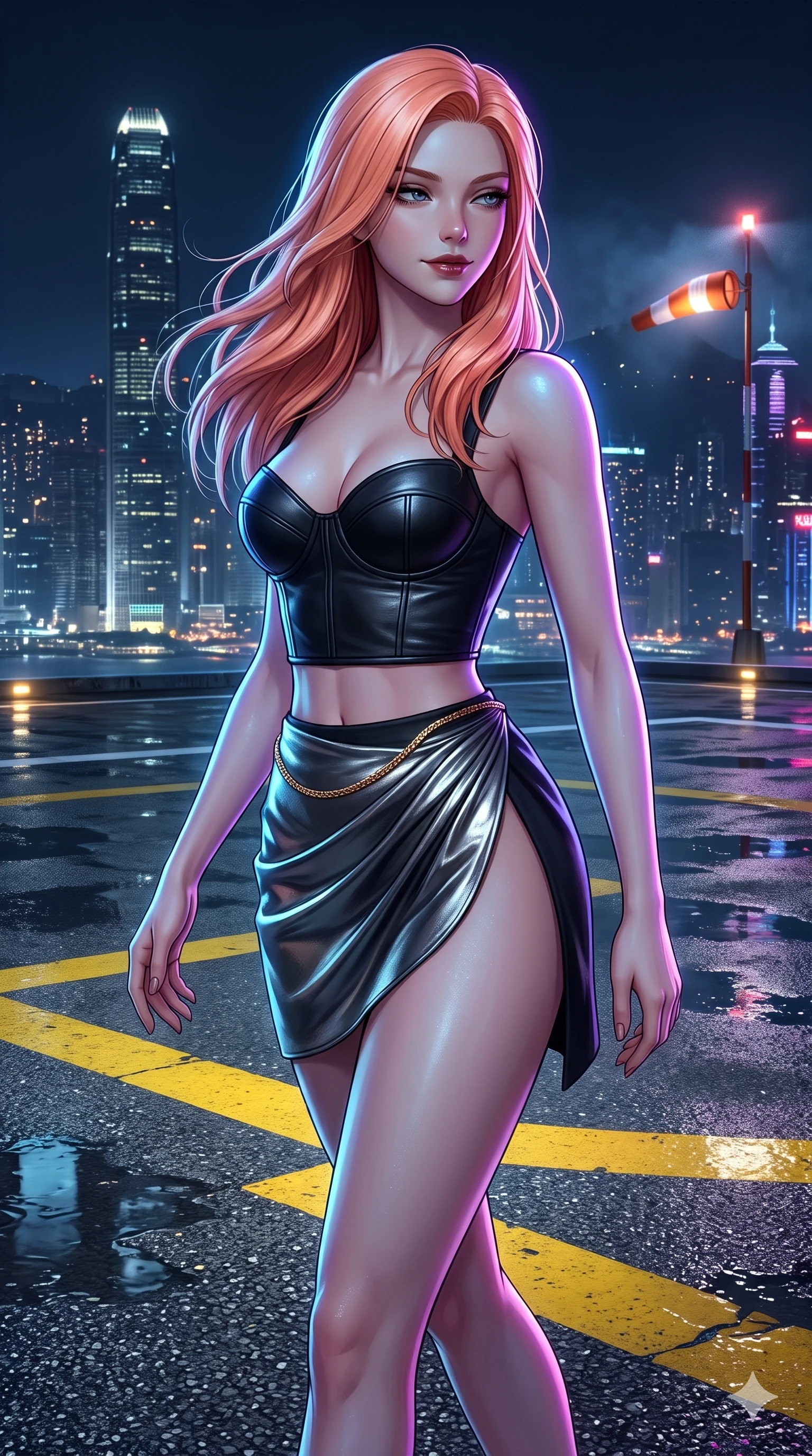 score_9, masterpiece, best quality, ultra-detailed, high-budget anime keyframe, semi-realistic 3D game render, editorial fashion photography, tasteful artistic composition, Japanese woman. close-up cowboy shot from the waist and thighs up, the character dominates the composition, filling the frame with her large presence. twisting her slender torso in a deep contrapposto stance, hips dramatically shifted to accentuate her feminine curves while looking past her shoulder with smoldering bedroom-eyes while striding confidently across the wet helipad deck, her long slender legs and hourglass hips commanding the dystopian midnight skyline. The surrounding environment is rendered in vivid detail and crisp panoramic clarity: sharp yellow helipad markings, wet tarmac aggregate texture, and illuminated windsock beacon details in deep focus. She has an exceptionally elegant, slender, and willowy female figure with an ultra-slim waist, flat toned midriff, narrow ribcage, and sculpted feminine hips creating an alluring, slim hourglass silhouette without bulk. sharp v-shaped jawline, high-bridge nose, intricate jewel-like dark sparkling eyes with dangerous depth, thick curled eyelashes, glossy parted lips with a rich wine sheen, smoldering seductive half-smile with bedroom-eyes, exuding effortless superiority and intoxicating dark allure, flawlessly proportioned anatomical accuracy, strict slender model proportions, natural body alignment, perfectly sculpted long slender limbs, ultra-slim waistline, clean dynamic posture without body distortion. wearing a structured underwire leather bustier top paired with an ultra-short draped wrap mini skirt in metallic liquid silver and pitch black, woven from bespoke high-density barathea wool with refined ceremonial hold, finished with a delicate gold snake chain belt resting loosely across her curvy hips, the high-slit wrap tailoring accentuating her ultra-slim waistline and the enchanting curve of her feminine hips with alluring seductive charm. illuminated by wet tarmac puddle bounce and sharp ultraviolet rim lights sculpting her razor-sharp jawline, narrow waist, and curvy hips. highly saturated vibrant anime colors, detailed shading with soft gradients, rich glossy textures, high-contrast stereoscopic depth, volumetric dynamic lighting, master piece, 9:16 ratio
