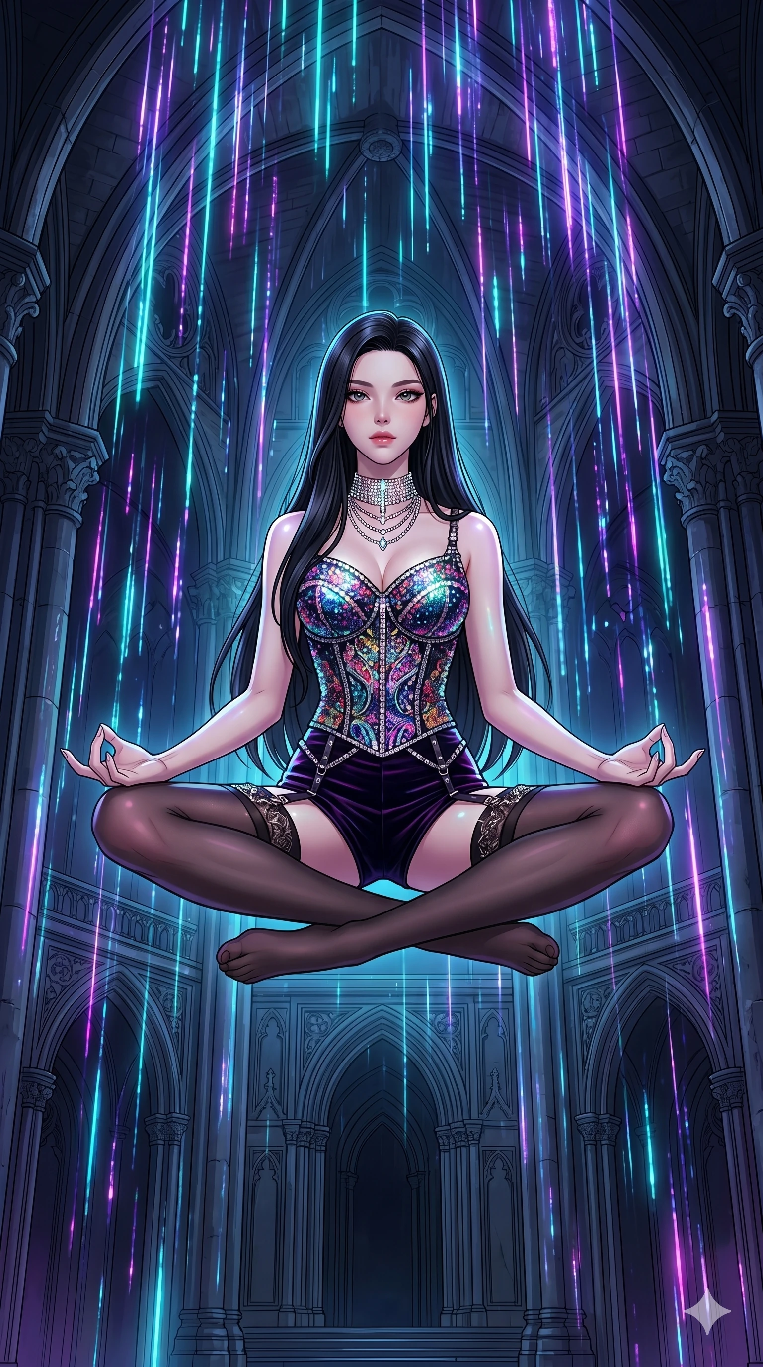 score_9, masterpiece, best quality, ultra-detailed, high-budget anime movie keyframe, cinematic anime lighting, intricate line art, Korean woman. Dynamic full-body shot stretching the vertical silhouette across the 9:16 frame. meditating peacefully in a gothic obsidian tower with holographic rain. She has an absolutely perfect 8-heads proportion, an exceptionally tall and slender female figure with an ultra-slim waist and impossibly long slender legs. sharp v-shaped jawline, high-bridge nose, intricate jewel-like eyes, thick eyelashes, glossy lips. Wearing luxurious K-pop idol stage outfit featuring a sparkling sequined corset, high-cut velvet shorts, and sheer silk stockings with garter belts, accessorized with crystal chokers. The scene is illuminated by dramatic atmospheric lighting and vibrant color palettes. , 2k, ultra detail, master piece, 9:16 ratio