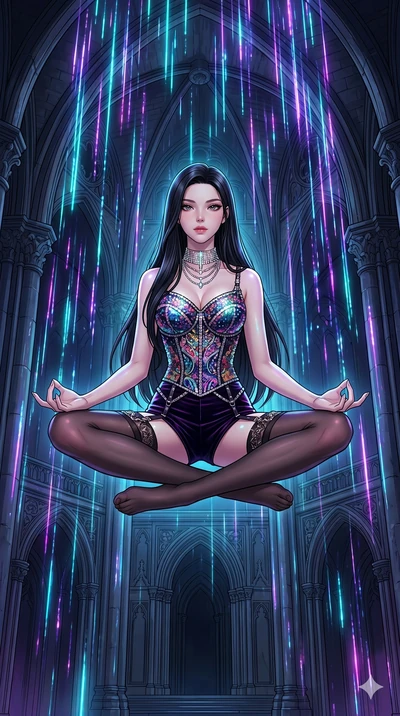 score_9, masterpiece, best quality, ultra-detailed, high-budget anime movie keyframe, cinematic anime lighting, intricate line art, Korean woman. Dynamic full-body shot stretching the vertical silhouette across the 9:16 frame. meditating peacefully i