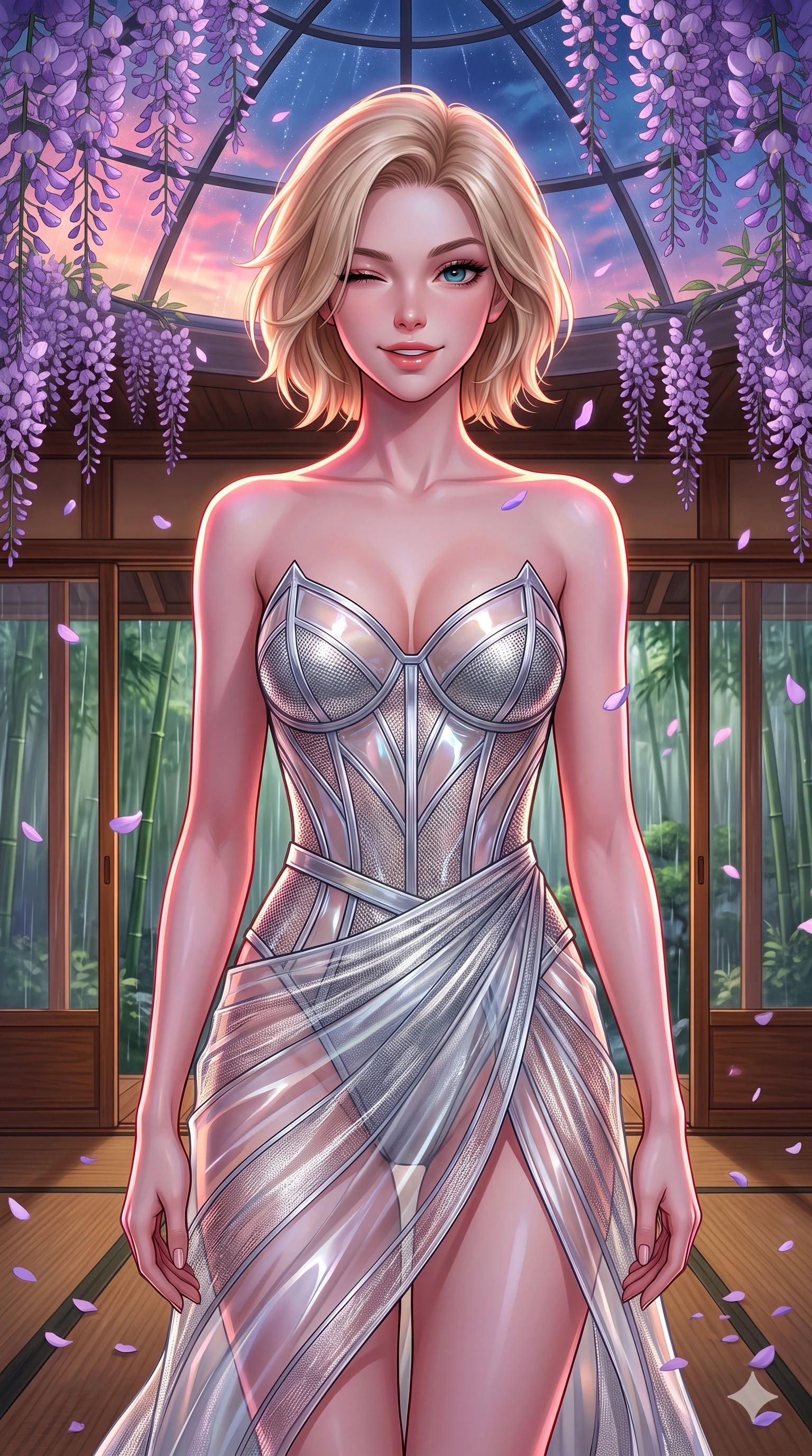 score_9, masterpiece, best quality, ultra-detailed, high-budget anime keyframe, vibrant anime aesthetic, Caucasian woman, strictly human ears. close-up cowboy shot from the waist and thighs up, the character dominates the composition, filling the frame with her large presence, background elements kept in soft focus. She is standing under wisteria vines, winking with a cheerful and lively face, looking directly into the lens surrounded by delicate flower petals. the background shows a soft-focus warm, wood-paneled tea house veranda with large sliding glass doors facing a rain-swept bamboo garden (Code-P22-191). She has an absolutely perfect proportion, an exceptionally elegant and slender female figure with an ultra-slim waist. V-shaped jawline, high-bridge nose, intricate jewel-like eyes with depth, thick eyelashes, glossy lips with a natural sheen. wearing a structured textured bodice with a sweetheart neckline and a translucent chiffon wrap skirt in silver metallic and translucent gloss. She is lit by vibrant twilight sky reflections, tracing her shoulders and neckline, outlining her elegant silhouette under the glass dome roof. 2k, ultra detail, master piece, 9:16 ratio