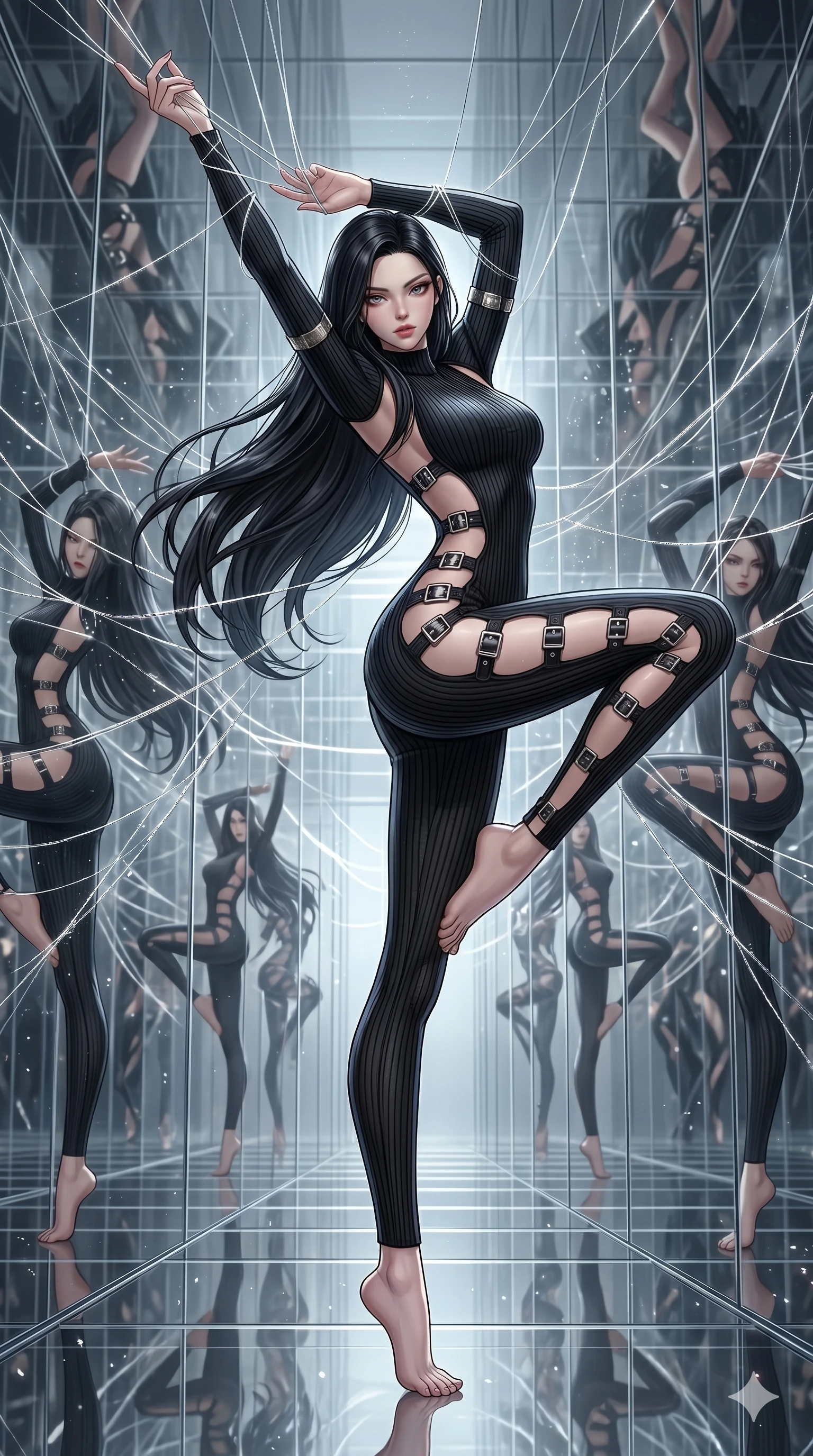score_9, masterpiece, best quality, ultra-detailed, High-budget Anime Keyframe, East Asian woman. Dynamic full-body shot stretching the vertical silhouette to the limit. Scenario 106: Suspended by invisible silk threads in a hall of mirrors. Her presence is magnetic and overpowering in this high-budget anime scene. Outfit 106: A ribbed bodycon knit mesh with a strategic side cut-outs and metallic buckles. The clothing is designed to emphasize her exceptionally tall and slender 8-heads proportion. 8-heads proportion, towering silhouette, ultra-slim waist. sharp v-shaped jawline, intricate jewel-like eyes with depth, thick eyelashes, glossy lips. 2k, ultra detail, master piece, 9:16 ratio