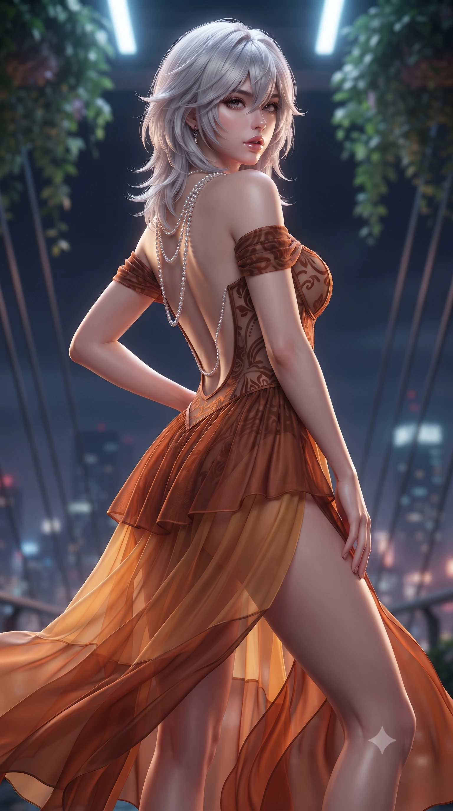 score_9, masterpiece, best quality, ultra-detailed, high-budget anime keyframe, editorial fashion photography, tasteful artistic composition, Japanese woman. close-up cowboy shot from the waist and thighs up, the character dominates the composition, filling the frame with her large presence. posing in an alluring rear three-quarter angle, arching her lower back in a pronounced S-curve with one hand on her hip, glancing seductively over her bare shoulder with parted glossy lips while executing an elegant mid-motion turn as night winds whip her high-slit dress, her statuesque vertical presence dominating the futuristic panorama. The composition keeps background elements in soft focus with creamy bokeh. floating botanical canopy foliage and suspension cable lines softened in cinematic shallow depth of field. She has an exceptionally elegant, slender, and willowy female figure with an ultra-slim waist, flat toned midriff, narrow ribcage, and sculpted feminine hips creating an alluring, slim hourglass silhouette without bulk. sharp v-shaped jawline, high-bridge nose, intricate jewel-like eyes with depth, thick eyelashes, glossy parted lips with a natural sheen, intensely captivating and seductive bedroom-eyes expression, flawlessly proportioned anatomical accuracy, strict slender model proportions, natural body alignment, perfectly sculpted long slender limbs, ultra-slim waistline, clean dynamic posture without body distortion. wearing an off-shoulder French court corset bodice dress paired with a tiered translucent chiffon slit skirt in rich copper bronze and warm amber, made of sheer contouring power-mesh with velvet flocking patterns, accented with a multi-strand pearl back necklace cascading down her bare spine to her hips, the precision-cut side openings and low-back scoop framing her graceful spine and the sensual sweep of her slim, toned hips. bathed in dynamic color-shifting LED canopy lights from above and ambient city skyline uplights. ultra-reflective glossy finish, specular highlights, rich textural contrasts, high-contrast stereoscopic depth, volumetric dynamic lighting, 2k, ultra detail, master piece, 9:16 ratio