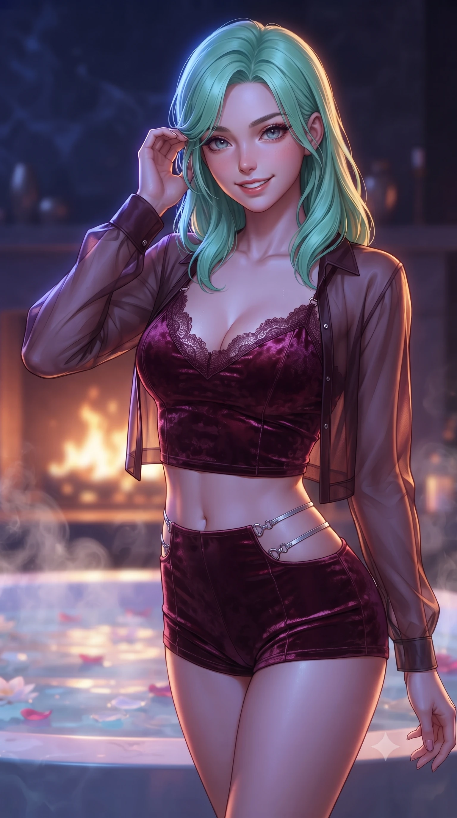 score_9, masterpiece, best quality, ultra-detailed, high-budget anime keyframe, editorial fashion photography, tasteful artistic composition, Japanese woman. close-up cowboy shot from the waist and thighs up, the character dominates the composition, filling the frame with her large presence, background elements kept in soft focus. flashing a warm, intoxicating grin while gently tucking a strand of hair behind her ear set against a soft-focus background of inside an exclusive fireplace lounge with rising mineral steam and floating flower petals on the clear water surface. She has an exceptionally elegant, slender, and willowy female figure with an ultra-slim waist, a gracefully sculpted slender torso, and a refined silhouette. sharp v-shaped jawline, high-bridge nose, intricate jewel-like eyes with depth, thick eyelashes, glossy lips with a natural sheen. wearing slim-fit deep burgundy crushed velvet delicate lace-trim crop top worn under a sheer organza cardigan with high-waist micro-shorts accented with delicate silver hardware. drenched in dramatic neon rim-lighting that traces the sleek contours of her figure. ultra-reflective glossy finish, specular highlights, metallic sheen, high-contrast stereoscopic depth, volumetric dynamic lighting, 2k, ultra detail, master piece, 9:16 ratio