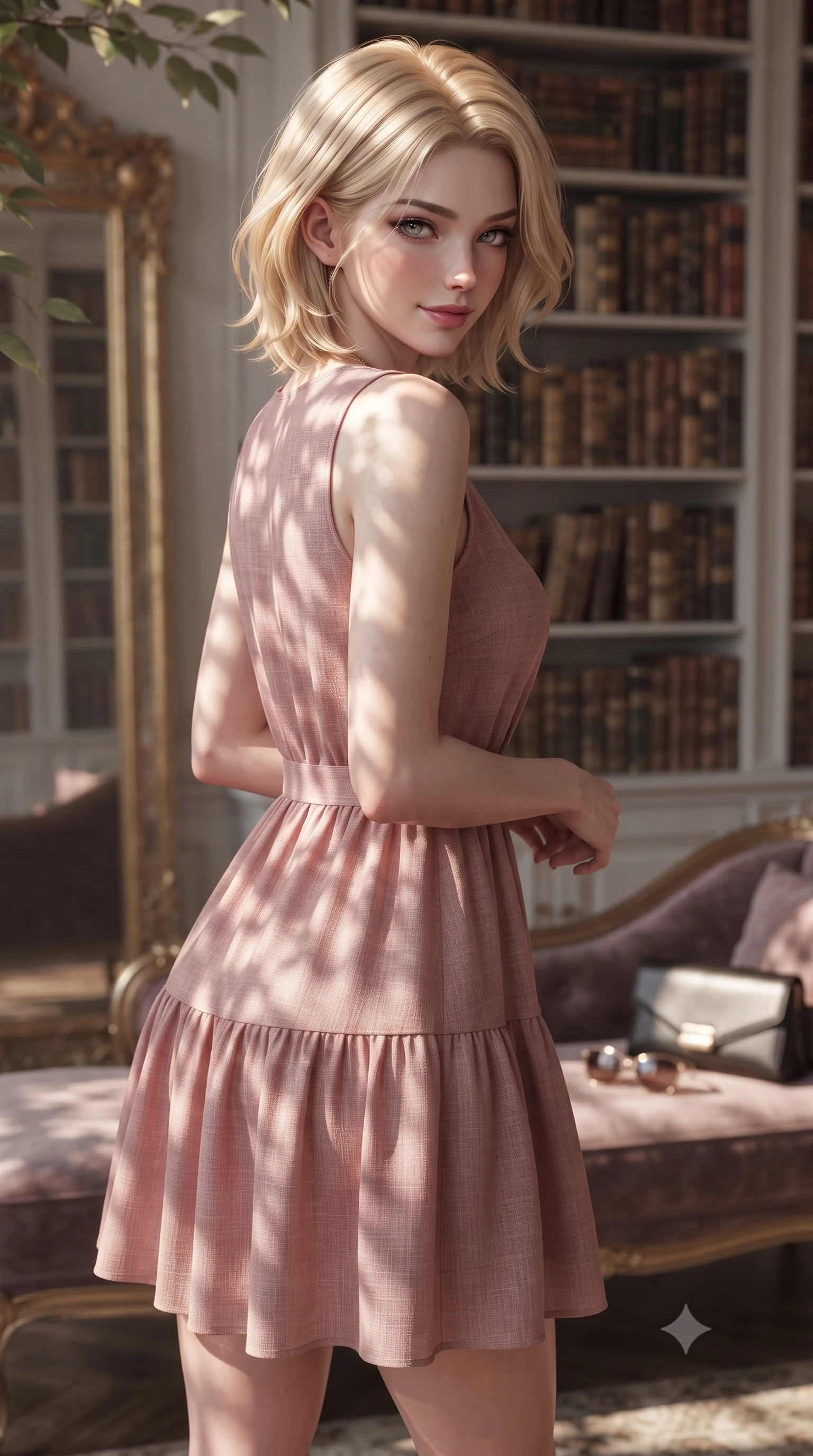 score_9, masterpiece, best quality, ultra-detailed, high-budget anime keyframe, editorial fashion photography, tasteful artistic composition, Caucasian woman. close-up cowboy shot from the waist and thighs up, the character dominates the composition, filling the frame with her large presence, background elements kept in soft focus. glancing sidelong over her shoulder with an intoxicating, lingering stare and a subtle, knowing smile set against a soft-focus background of inside an exclusive historic manor library with a pair of designer sunglasses and a sleek leather clutch bag on the lounger. She has an exceptionally elegant, slender, and willowy female figure with an ultra-slim waist, a gracefully sculpted slender torso, and a refined silhouette. sharp v-shaped jawline, high-bridge nose, intricate jewel-like eyes with depth, thick eyelashes, glossy lips with a natural sheen. wearing tailored dusty rose semi-opaque chiffon flowy linen sundress with a comfortable tiered skirt silhouette featuring refined tailored seams. highlighted by dappled sunlight filtering through leafy branches, creating soft organic patterns. ultra-reflective glossy finish, specular highlights, metallic sheen, high-contrast stereoscopic depth, volumetric dynamic lighting, 2k, ultra detail, master piece, 9:16 ratio