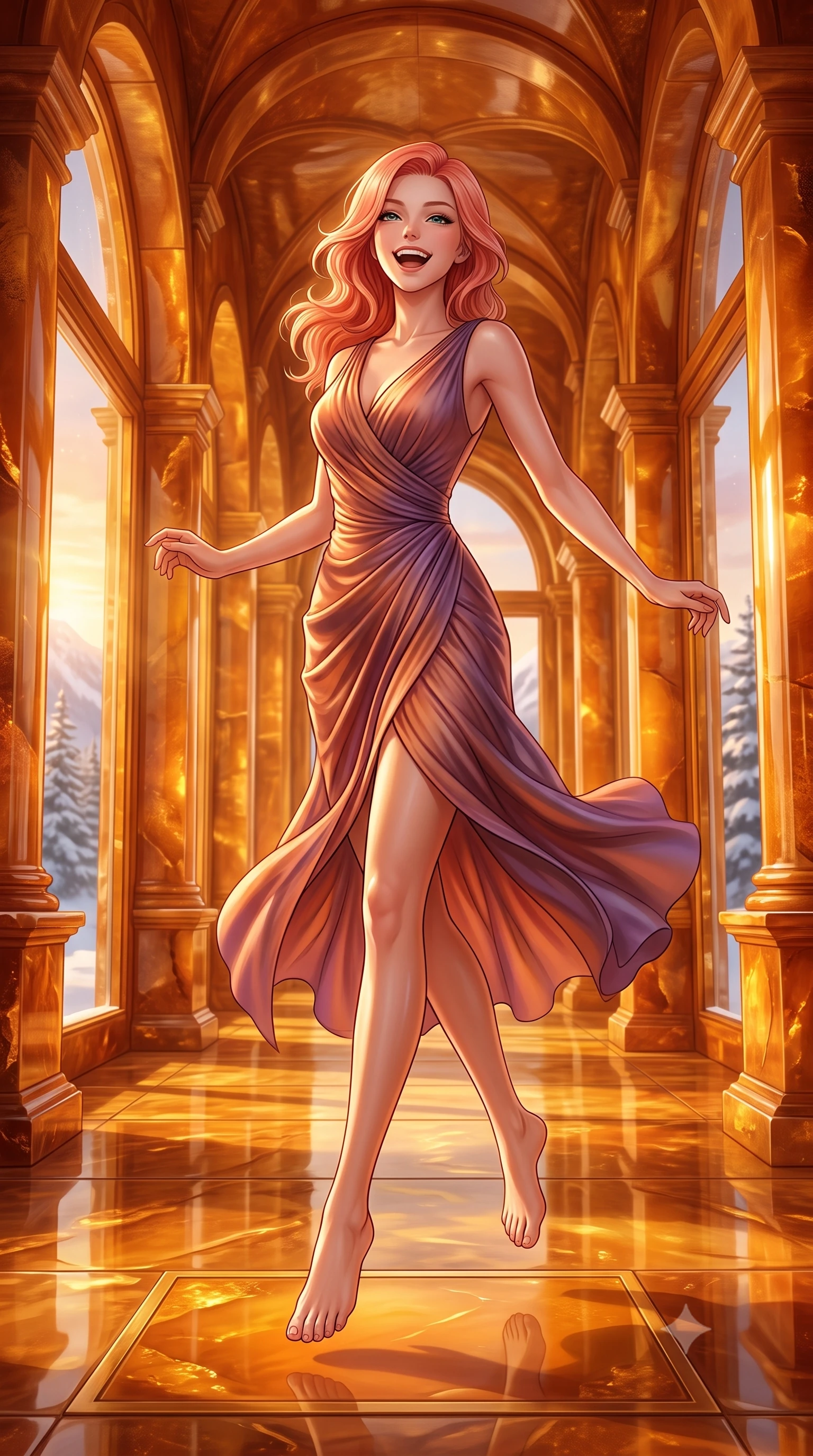 score_9, masterpiece, best quality, ultra-detailed, high-budget anime keyframe, editorial fashion photography, tasteful artistic composition, Japanese woman. low angle full-body shot from head to toe showing her feet, filling the entire 9:16 vertical frame with her statuesque presence, stretching her vertical silhouette. leaping gracefully with a bright, joyful laugh through standing inside a grand corridor of a palace made entirely of warm fossilized amber in a snowy pine mountain valley, glowing from within during a winter sunset. She has a statuesque 8.5-heads proportion, an exceptionally tall, slender and willowy model-like build with impossibly long legs and a highly sculpted ultra-slim waist. sharp v-shaped jawline, high-bridge nose, intricate jewel-like eyes with depth, thick eyelashes, glossy lips with a natural sheen. wearing a draped jersey dress in a shifting copper and violet gradient, the fluid fabric clinging to her slender waist with every movement. warm golden sunset rays reflecting off the polished amber columns, creating deep honey-colored shadows. 2k, ultra detail, master piece, 9:16 ratio