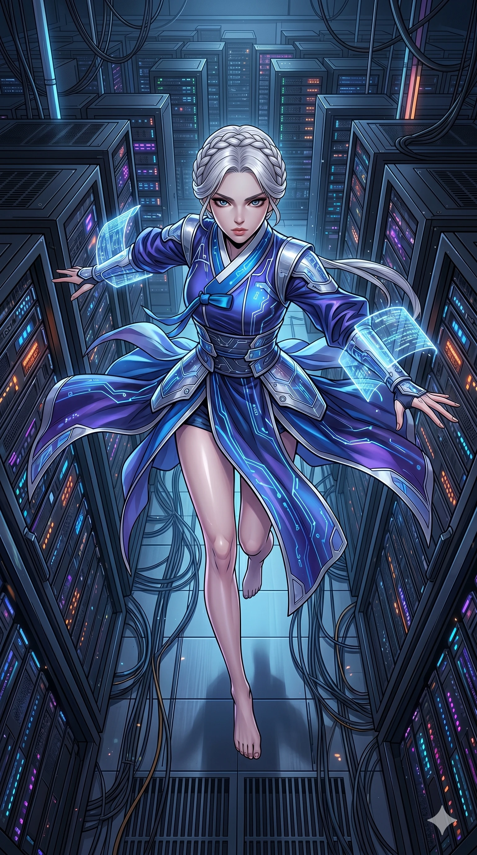 score_9, masterpiece, best quality, ultra-detailed, high-budget anime movie keyframe, cinematic anime lighting, intricate line art, Japanese woman. Extreme high angle shot as she leaps towards the camera, filling the frame. navigating a maze of server racks in a cold, dark data center. She has an absolutely perfect 8-heads proportion, an exceptionally tall and slender female figure with an ultra-slim waist and impossibly long slender legs. strictly human anatomy, two legs only, no extra limbs, clearly defined legs and arms, perfect anatomy, perfect hands and fingers. sharp v-shaped jawline, high-bridge nose, intricate jewel-like eyes, thick eyelashes, glossy lips. Wearing Modern Traditional: Shortened cyber-hanbok with fusion silk robes and transparent panels. The scene is illuminated by dramatic atmospheric lighting and vibrant color palettes. , 2k, ultra detail, master piece, 9:16 ratio