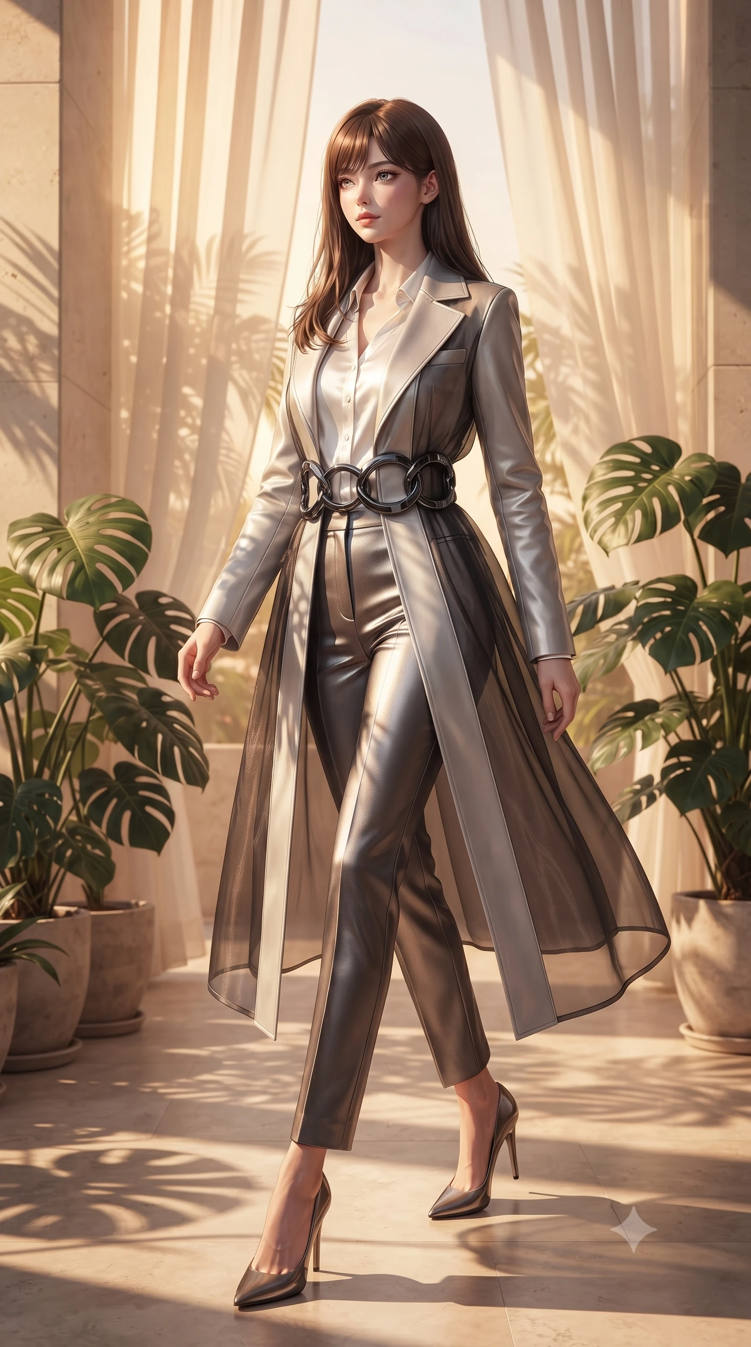 score_9, masterpiece, best quality, ultra-detailed, high-budget anime keyframe, editorial fashion photography, tasteful artistic composition, Korean woman. low angle full-body shot from head to toe showing her feet, filling the entire 9:16 vertical frame with her statuesque presence, stretching her vertical silhouette. stepping gracefully through the luxurious environment, stretching her statuesque silhouette, walking across a warm limestone terrace surrounded by potted tropical monstera leaves, intense volumetric sunbeams filtering through sheer linen casting soft leaf stencil shadows. She has an absolutely perfect, statuesque 8.5-heads proportion, an exceptionally tall and slender model-like female figure with impossibly long slender legs and an ultra-slim waist. sharp v-shaped jawline, high-bridge nose, intricate jewel-like eyes with depth, thick eyelashes, glossy lips with a natural sheen. wearing structured platinum leather long coat over white silk blouse and tailored slacks in metallic dark silver, made of sheer dark organza overlay, accented with sculpted obsidian chrome rings at the waist, accentuating her gracefully sculpted slender torso. lit by golden-hour sunlight casting graceful organic leaf shadows. ultra-reflective glossy finish, specular highlights, metallic sheen, high-contrast stereoscopic depth, volumetric dynamic lighting, 2k, ultra detail, master piece, 9:16 ratio