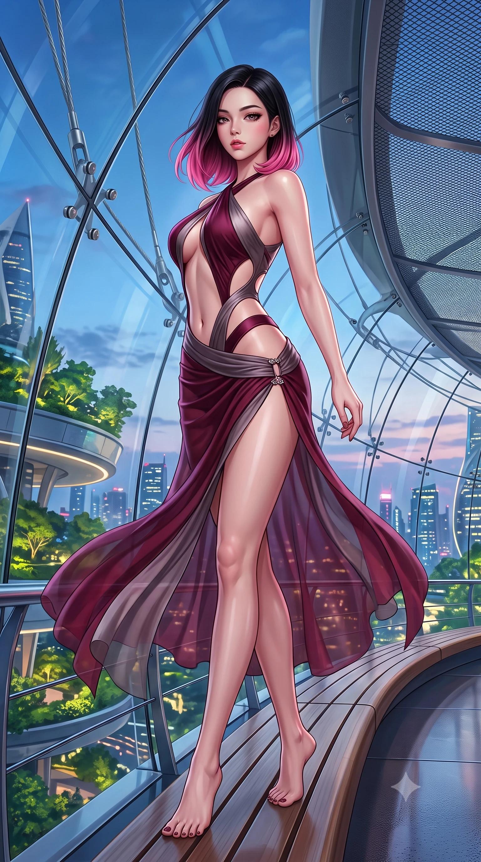 score_9, masterpiece, best quality, ultra-detailed, high-budget anime keyframe, semi-realistic 3D game render, editorial fashion photography, tasteful artistic composition, Korean woman. low angle full-body shot from head to toe showing her feet, filling the entire 9:16 vertical frame with her statuesque presence, stretching her vertical silhouette. executing an elegant mid-motion pivot turn as garments swirl around her slender limbs, glancing over her shoulder with an intoxicating bedroom-gaze while perching on the curved architectural skyway bench, long slender legs crossed and torso angled back to display her flat midriff and slender hourglass curves. The surrounding environment is rendered in vivid detail and crisp panoramic clarity. sharp skyway glass panel joints, stainless steel suspension cables, and futuristic architectural mesh in deep focus. She has an exceptionally tall and slender model-like 8.5-heads proportion, an ultra-slim waist, a flat toned midriff, narrow delicate ribcage, and beautifully sculpted feminine hips creating a graceful, slim hourglass silhouette without any bulky heaviness, with impossibly long slender legs. sharp v-shaped jawline, high-bridge nose, intricate jewel-like eyes with depth, thick eyelashes, glossy parted lips with a natural sheen, intensely captivating and seductive bedroom-eyes expression, flawlessly proportioned anatomical accuracy, strict slender model proportions, natural body alignment, perfectly sculpted long slender limbs, ultra-slim waistline, clean dynamic posture without body distortion. wearing a botanical cutout monokini with organic leaf-curve side openings and high-cut hip bands in deep wine burgundy and brushed dark platinum, woven from layered gossamer chiffon with a weightless sweeping drape, finished with an ultra-high side slit secured by miniature jeweled clasps, the liquid-tight tailored fabric clinging flawlessly to her narrow waist and rounded feminine hips, emphasizing every millimeter of her sculpted slim hourglass curves without any bulky heaviness. surrounded by a visionary, electrifying, and breathlessly magnificent eco-metropolis queen aura. highly saturated vibrant anime colors, detailed shading with soft gradients, rich glossy textures, high-contrast stereoscopic depth, volumetric dynamic lighting, master piece, 9:16 ratio