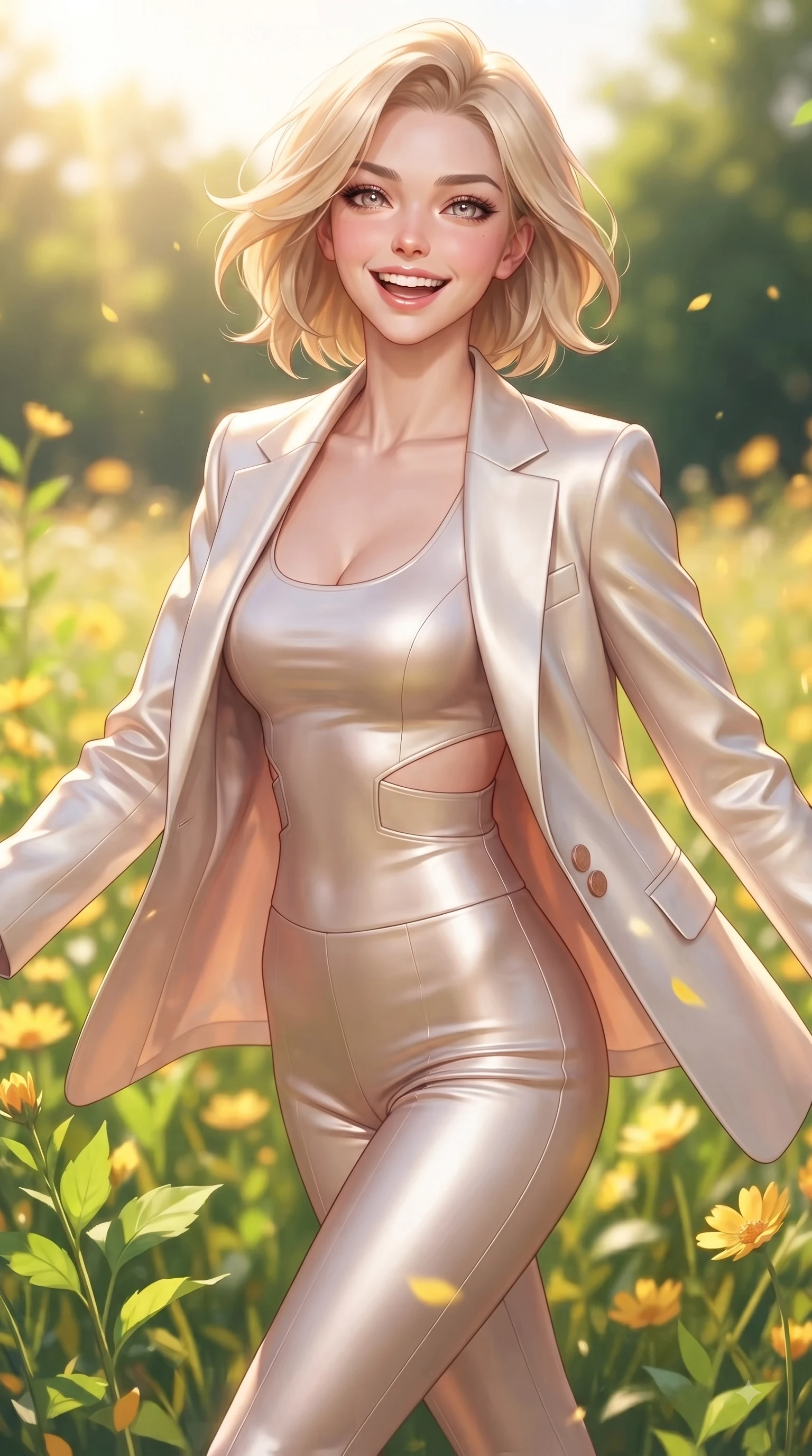 score_9, masterpiece, best quality, ultra-detailed, high-budget anime keyframe, editorial fashion photography, tasteful artistic composition, Caucasian woman. close-up cowboy shot from the waist and thighs up, the character dominates the composition, filling the frame with her large presence, background elements kept in soft focus. Radiant bright smile with sparkling eyes directed right into the lens, her torso turning in a dynamic S-curve alignment while pivoting in a cheerful stride through a sunlit flower meadow with an open infectious smile, bright green leaves and golden petals casting cheerful organic stencil shadows. She has an exceptionally elegant, slender, and willowy female figure with an ultra-slim waist, a gracefully sculpted slender torso, and a refined silhouette. sharp v-shaped jawline, high-bridge nose, intricate jewel-like eyes with depth, thick eyelashes, glossy lips with a natural sheen, flawlessly proportioned anatomical accuracy, natural body alignment, perfectly sculpted elegant limbs, clean dynamic posture without body distortion. wearing a tailored silk blazer over a form-contouring scoop-neck top and slacks in pearl white and rose gold, formed from sleek second-skin neoprene, featuring subtle geometric cutouts that highlight her ultra-slim midriff, the form-contouring material highlighting her ultra-slim waist and long lines. bathed in brilliant sunny morning light and warm golden meadow sunbursts. ultra-reflective glossy finish, specular highlights, metallic sheen, high-contrast stereoscopic depth, volumetric dynamic lighting, 2k, ultra detail, master piece, 9:16 ratio