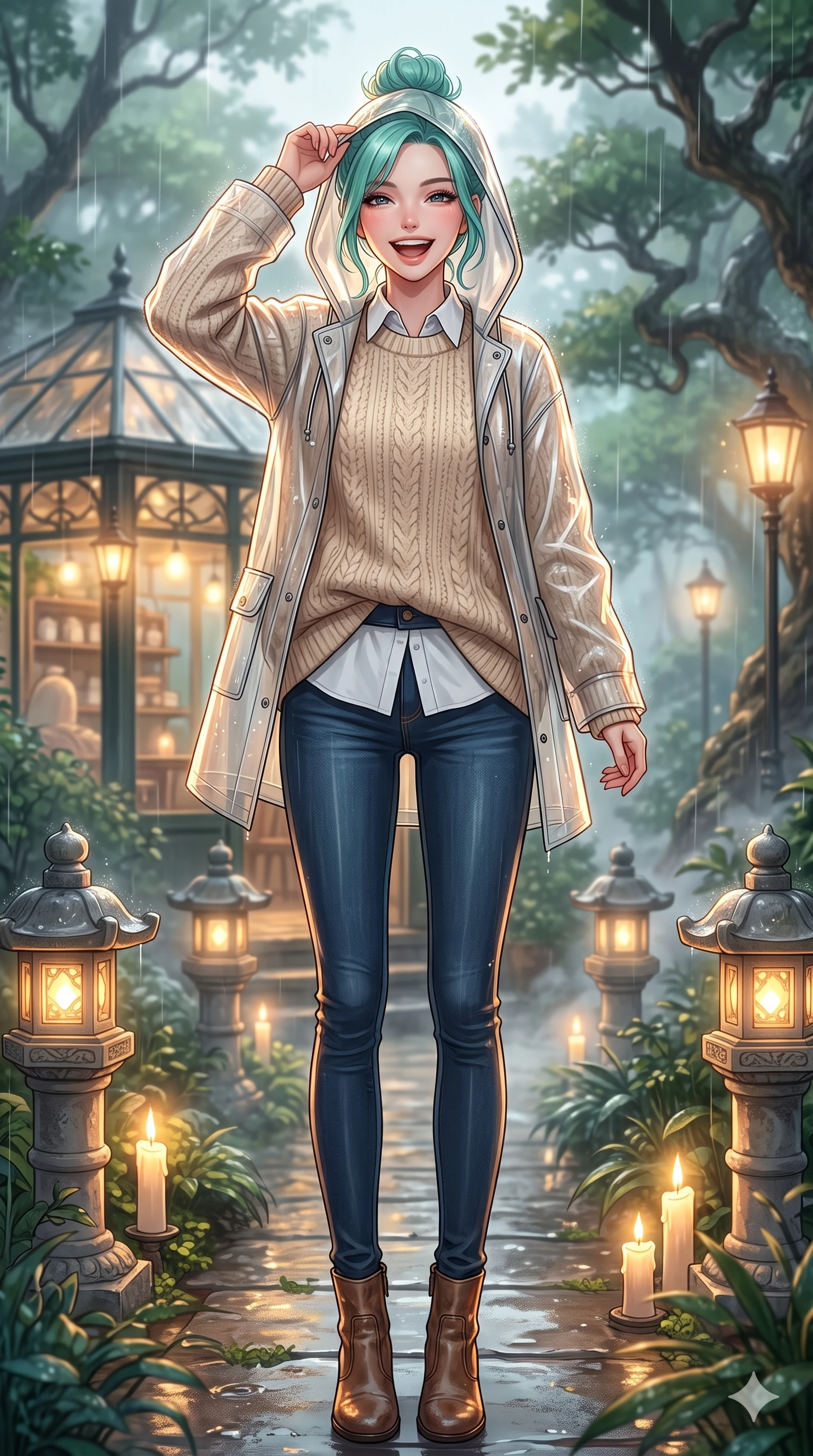 score_9, masterpiece, best quality, ultra-detailed, high-budget anime keyframe, vibrant anime aesthetic, Japanese woman. low angle full-body shot from head to toe showing her feet, filling the entire 9:16 vertical frame with her statuesque presence, stretching her vertical silhouette. She is adjusting her stylish raincoat hood, laughing with a radiant face, with a warm and inviting look surrounded by fresh morning mist. by a quiet garden pavilion pathway lined with glowing stone lanterns in a soft rain (Code-P22-029). She has an absolutely perfect 8-heads proportion, an exceptionally tall and slender female figure with impossibly long slender legs and an ultra-slim waist. V-shaped jawline, high-bridge nose, intricate jewel-like eyes with depth, thick eyelashes, glossy lips with a natural sheen. wearing an oversized warm sweater over a collared shirt and skinny jeans with stylish boots. She is illuminated by warm candlelight and soft gaslight from a cozy greenhouse cafe, tracing the elegant lines of her shoulders during a refreshing sun shower. 2k, ultra detail, master piece, 9:16 ratio