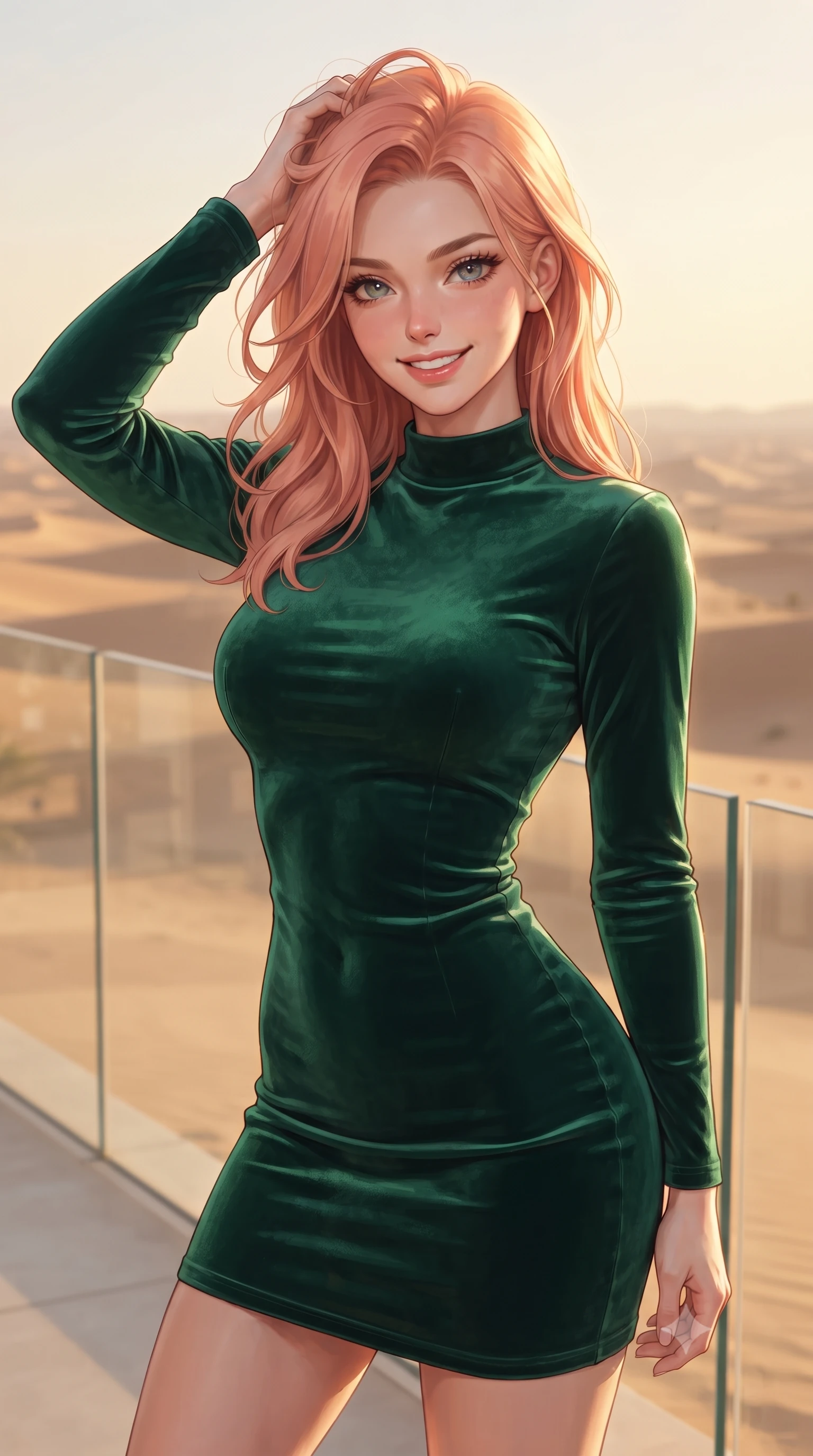 score_9, masterpiece, best quality, ultra-detailed, high-budget anime keyframe, editorial fashion photography, tasteful artistic composition, Japanese woman. close-up cowboy shot from the waist and thighs up, the character dominates the composition, filling the frame with her large presence, background elements kept in soft focus. smiling with quiet, magnetic self-assurance directly into the camera, running a hand through her hair the background shows a soft-focus a desert villa balcony with glass railings, looking out at the endless sand dunes. She has an exceptionally elegant, slender, and willowy female figure with an ultra-slim waist, a gracefully sculpted slender torso, and a refined silhouette. sharp v-shaped jawline, high-bridge nose, intricate jewel-like eyes with depth, thick eyelashes, glossy lips with a natural sheen. wearing a slim-fit body-hugging emerald green velvet dress with a simple mock-neck collar. warm golden hour sunset tracing her silhouette with a soft glowing rim light. ultra-reflective glossy finish, specular highlights, metallic sheen, high-contrast stereoscopic depth, volumetric dynamic lighting, 2k, ultra detail, master piece, 9:16 ratio