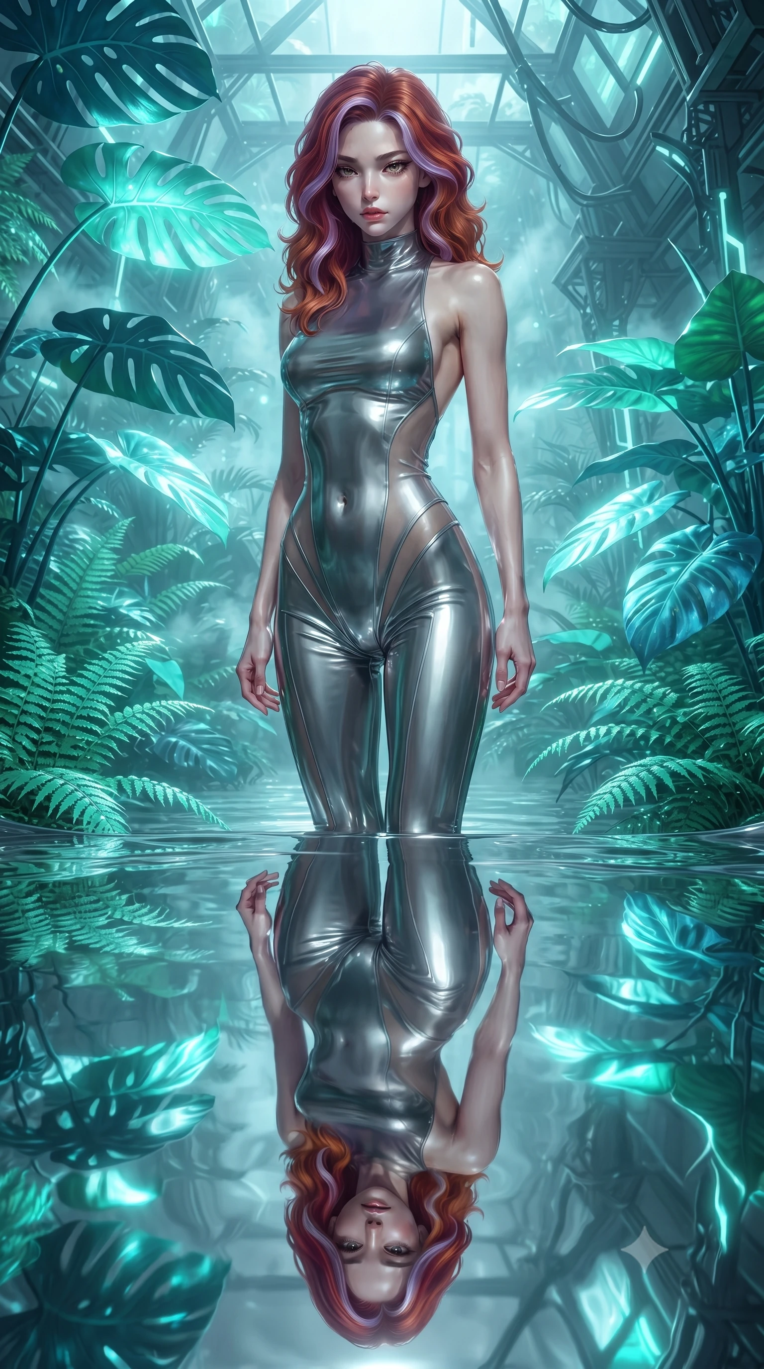 score_9, masterpiece, best quality, ultra-detailed, High-budget Anime Keyframe, editorial fashion photography, tasteful artistic composition, realistic cosplay photography, Caucasian woman, strictly human ears. Low angle cowboy shot filling the entire 9:16 frame with her statuesque presence. Scenario 275: gazing at her reflection in a pool of liquid silver in a cybernetic greenhouse filled with giant glowing tropical leaves. Her presence is magnetic and overpowering in this high-budget cinematic scene. Outfit 275: a tailored molten liquid silk bare with a sheer panels and wet-look texture. The clothing is designed to emphasize her exceptionally tall and slender 8-heads proportion. 8-heads proportion, towering silhouette, ultra-slim waist. sharp v-shaped jawline, intricate jewel-like eyes with depth, thick eyelashes, glossy lips. ultra-reflective glossy finish, specular highlights, metallic sheen, high-contrast stereoscopic depth, volumetric dynamic lighting, 2k, ultra detail, master piece, 9:16 ratio