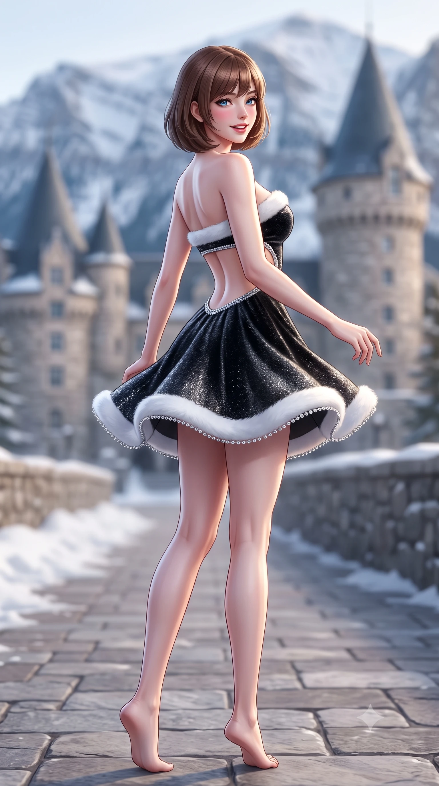 score_9, masterpiece, best quality, ultra-detailed, high-budget anime keyframe, semi-realistic 3D game render, editorial fashion photography, tasteful artistic composition, Caucasian woman. low angle full-body shot from head to toe showing her feet, filling the entire 9:16 vertical frame with her statuesque presence, stretching her vertical silhouette. executing a cheerful mid-motion pivot turn as her winter skirt flutters around her slender legs, glancing over her shoulder with an intoxicating, teasing bedroom-gaze while twisting her slender torso in an alluring contrapposto stance, mountain breezes fluttering her luxurious knitwear around her slender legs and hips. The composition keeps background elements in soft focus with dreamy creamy bokeh. the fairytale stone turrets of Fairmont Chateau Lake Louise softened in Canadian Rockies shallow focus. She has an exceptionally tall and slender model-like 8.5-heads proportion, an ultra-slim waist, a flat toned midriff, narrow delicate ribcage, and beautifully sculpted feminine hips creating a graceful, slim hourglass silhouette without any bulky heaviness, with impossibly long slender legs. sharp v-shaped jawline, high-bridge nose, sparkling ice-crystal eyes with depth, frosty thick lashes, glossy parted lips with a rosy berry sheen, bright playful smile with an intoxicating seductive glint, rosy flushed cheeks radiating cozy warmth and dangerous allure, flawlessly proportioned anatomical accuracy, strict slender model proportions, natural body alignment, perfectly sculpted long slender limbs, ultra-slim waistline, clean dynamic posture without body distortion. wearing a strapless velvet mini dress with white faux-fur trim along the neckline and hemline in dark obsidian black and gleaming platinum, woven from metallic silver lurex thread casting frosty glints in the light, finished with delicate silver beaded trim along the hem that glitters like frost, the precision-cut side openings and low-back scoop framing her graceful spine and the sensual sweep of her slim, toned hips. illuminated by ice sheet bounce fill and sharp icy-gold rim lighting defining her sculpted collarbones, ultra-slim waist, and curvy hips. highly saturated vibrant anime colors, detailed shading with soft gradients, rich glossy textures, high-contrast stereoscopic depth, volumetric dynamic lighting, master piece, 9:16 ratio